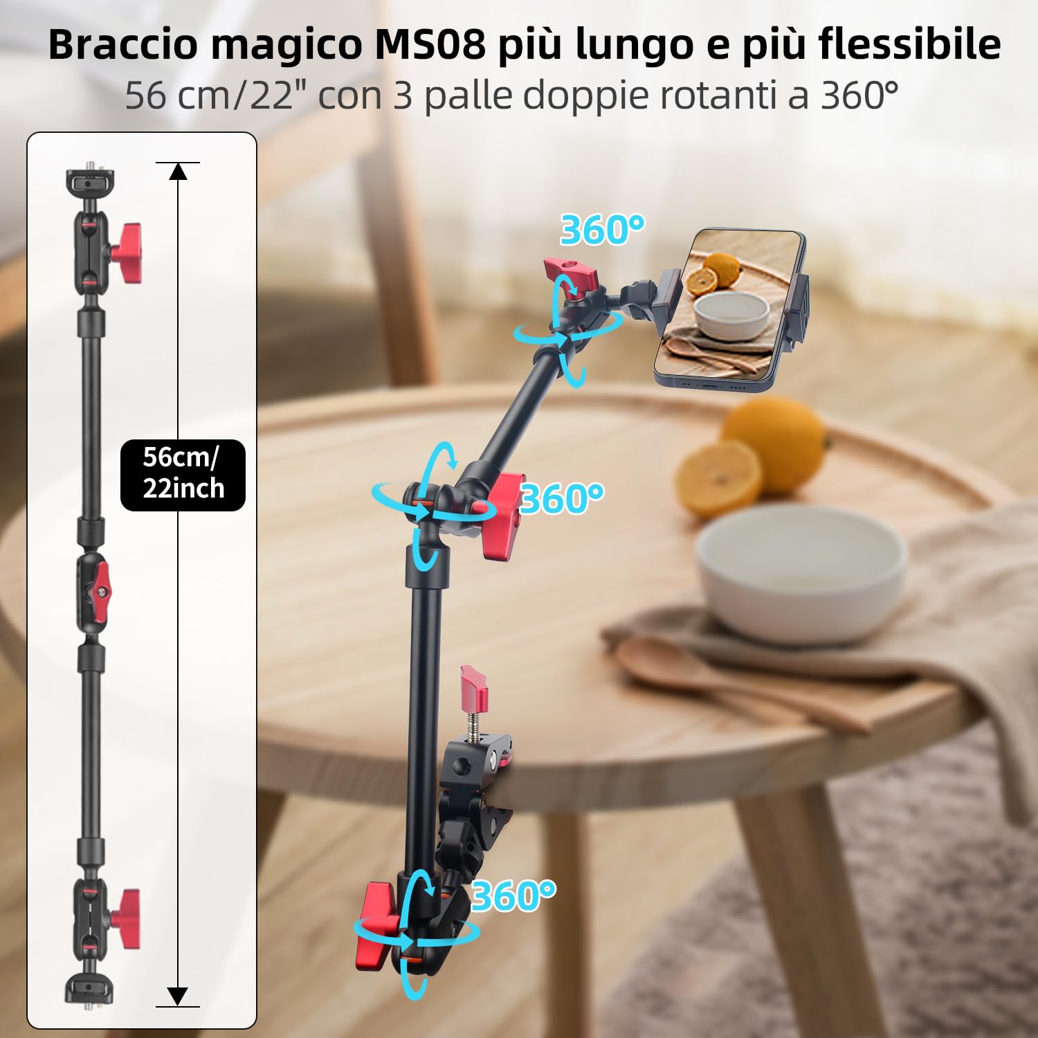 22" Braccio Magico con Super Clamp, Supporto Flessibile per Fotocamera, Supporto per Telefono, Braccio Articolato con Filettatura da 1/4" per Smartphone, Action Camera, Microfono - nero rosso