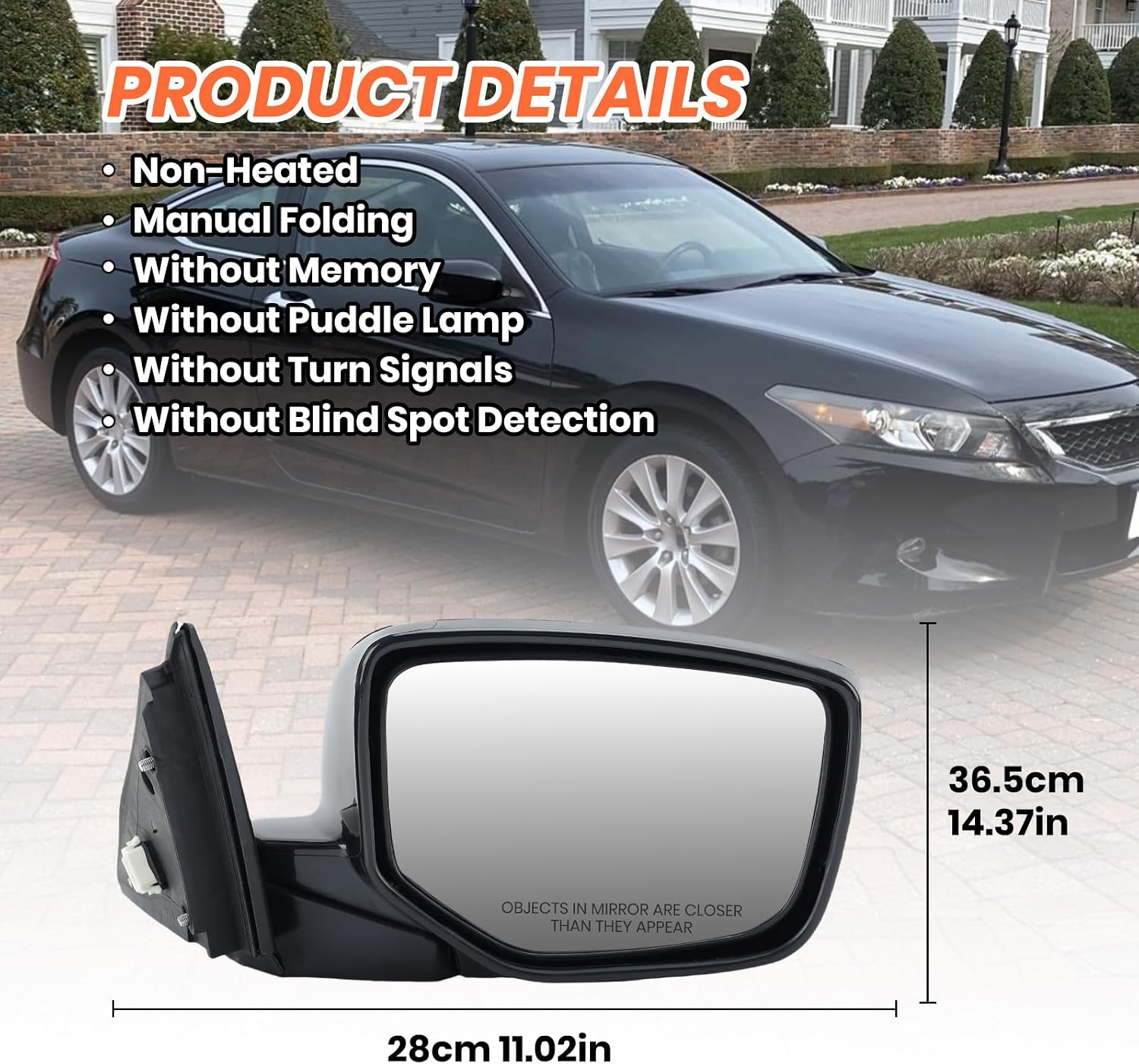 Passenger Side Mirror Compatible With 2008 2009 2010 2011 2012 Honda Accord Sedan LX, LX-P,Mirror with Power Glass,Non-Heated,Manual Folding Replace HO1320230(3 Pins)
