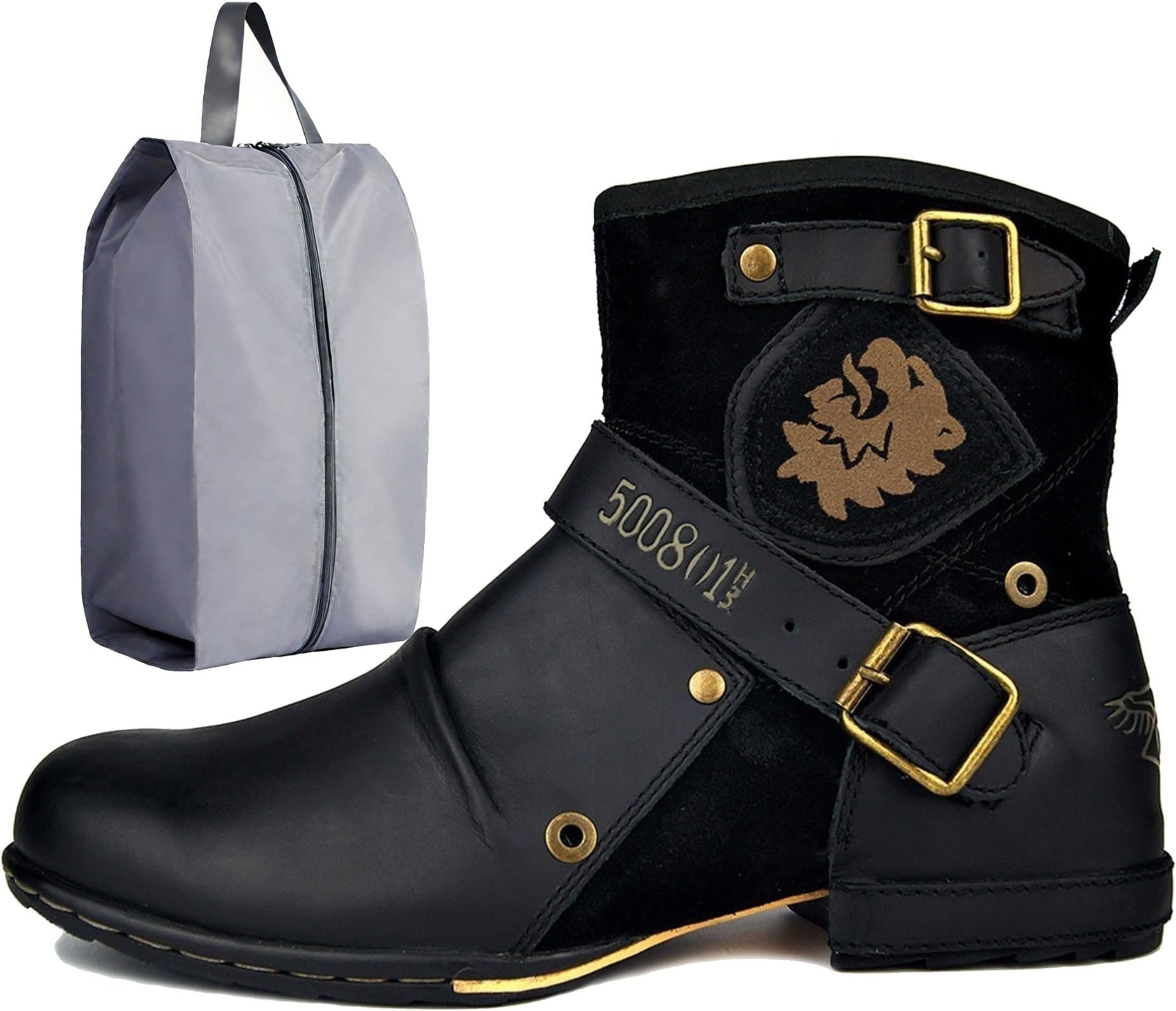 RenDiuJups Moto Boots for Men Ankle Boots Fashion Zipper-up Leather Boots Casual Shoes Waterproof Motorcycle Boots Western Boots Plus Size(Black,EU44)