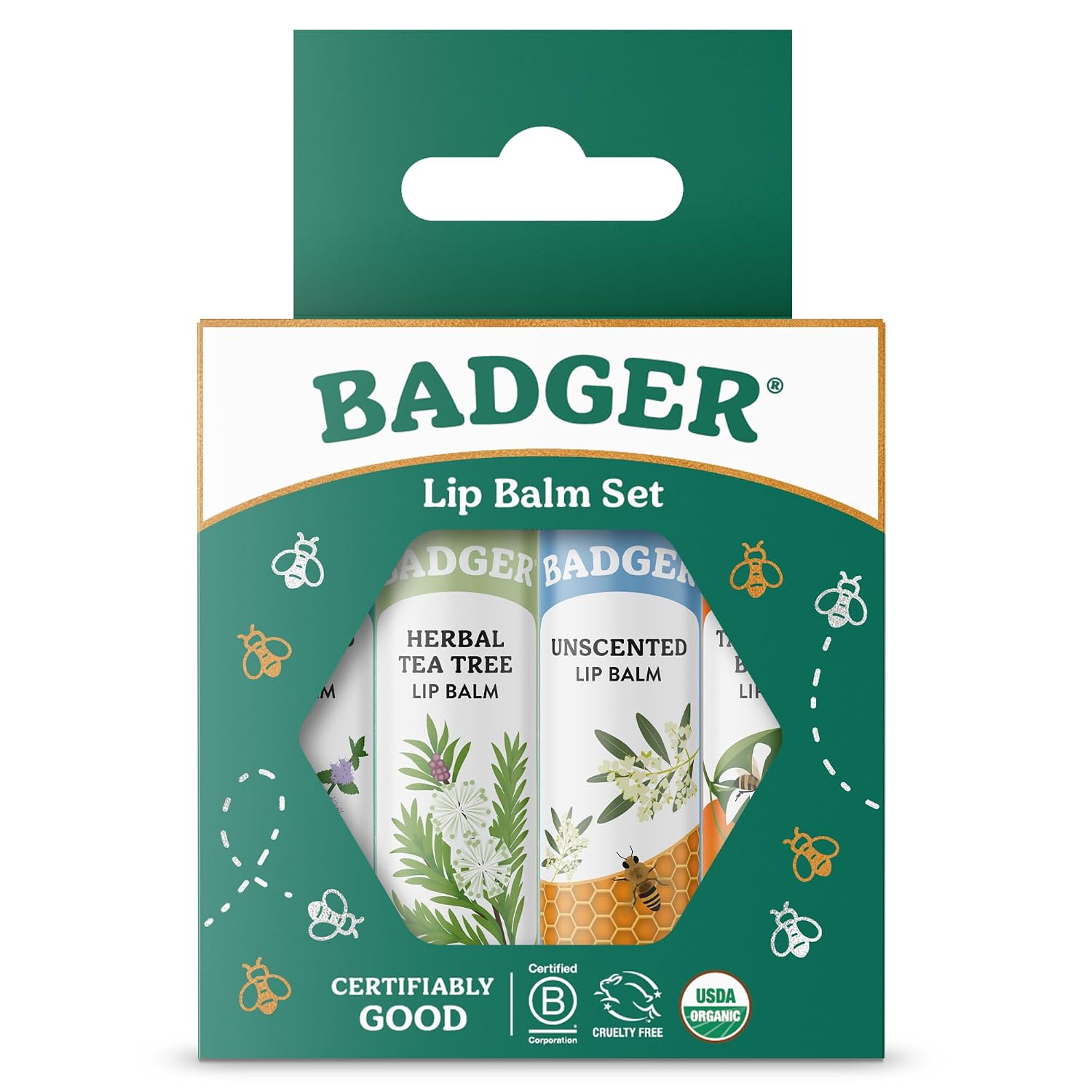 Badger Classic Organic Lip Balm Set - Green Box, Long Lasting Lip Moisturizer Gift Set, Light Silky Texture, All Natural Lip Balm Variety Pack Lip-Set (Unscented, Tea Tree, Mint & Tangerine), 4 pack