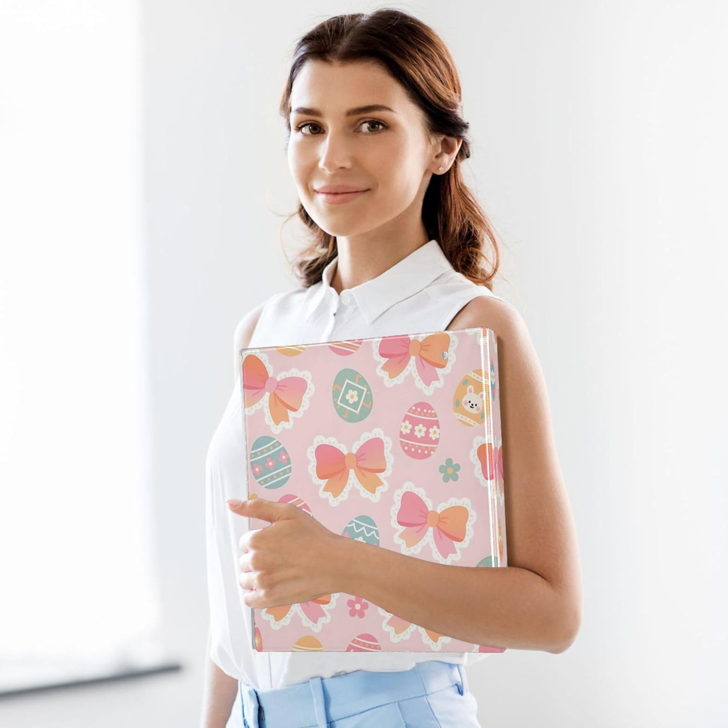 Colorful Easter Bows and Eggs 3 Ring Binders, 1.5” Round Ring Binders with Clipboard - Letter Size, 3 Interior PVC Clear Pockets & Anti-Slip Clip for Office School Supplies, 2PCS