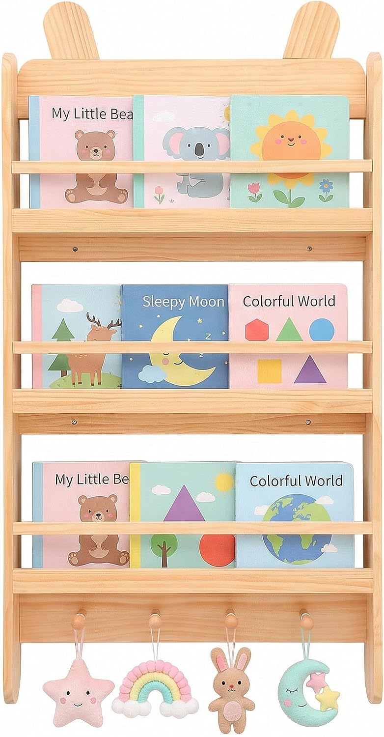 Wooden Kids Bookshelf Wall Mounted,3-Tier Book Shelf Organizer for Toys and Books, Storage Bookshelf for Kids Room, Nursery, Bedroom, Living Room,Natural Wood