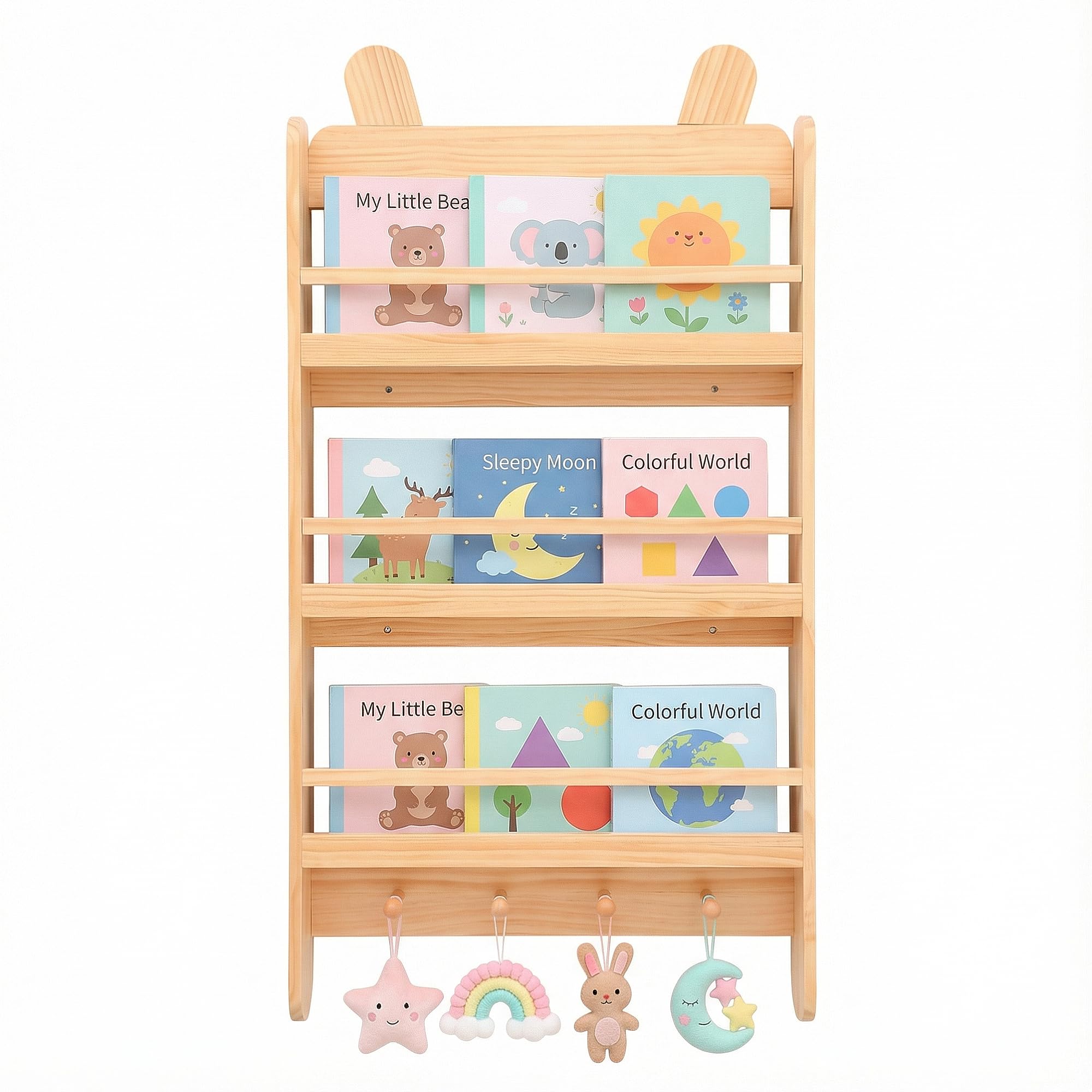 FURAOMEILI Wandmontiertes Holz-Bücherregal für Kinder, 3-stufiges Aufbewahrungsregal für Spielzeuge und Bücher, Stauraumregal für Kinderzimmer, Kinderkrippe, Schlafzimmer, Wohnzimmer(Holzfarbe)