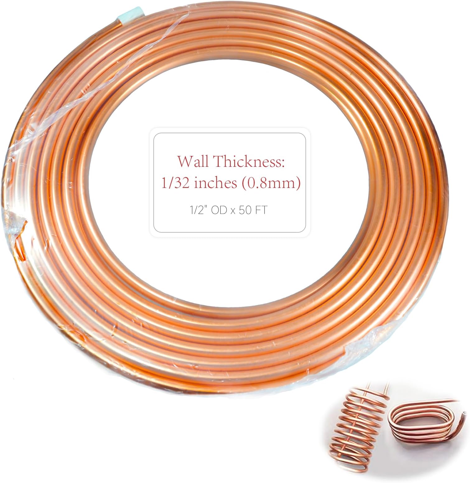 99.9% Copper Tube 1/2" OD x 7/16" ID 50 Ft, Tube Wall: 1/32", Refrigeration Seamless Round T2 Pure copper tubes, Soft Coil Copper Tubing, Used In Refrigerators, Air conditioners, DIY project...
