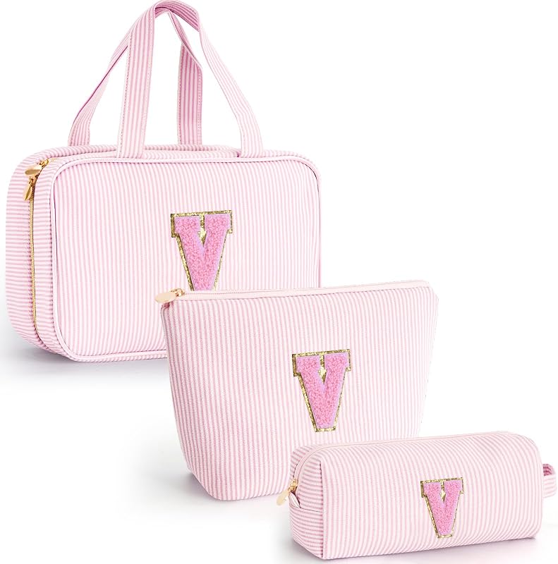 Kit de necessaires Fystdtote personalizado com inicial, cor-de-rosa, modelo V, 3 unidades
