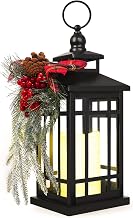 Metal Christmas Vintage Candle Lanterns with Led Light,Red Ribbon Decorative Hanging Lantern for Indoor Outdoor Decorations Party Gift, Christmas Porch Decor, WOKEISE