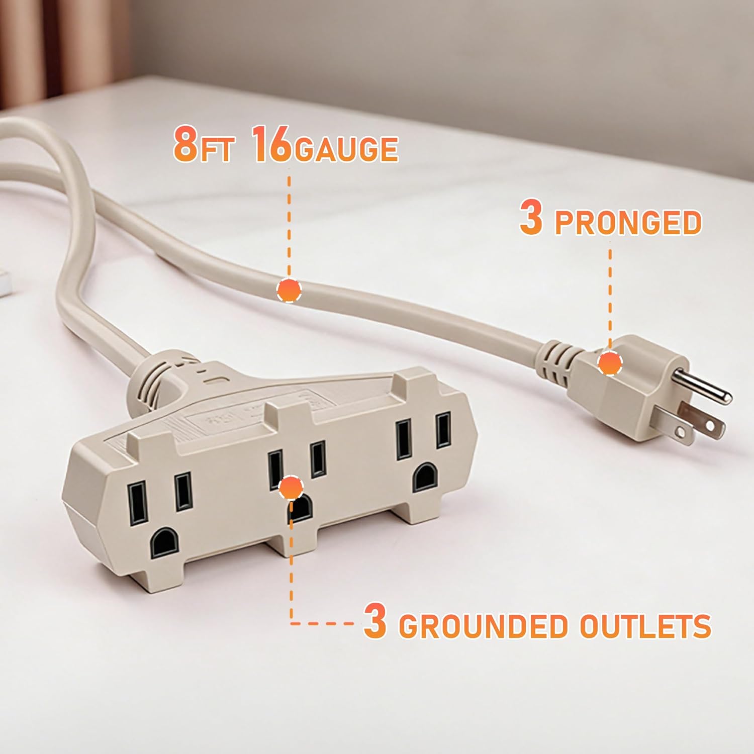 Indoor/Outdoor Extension Cord, 13 Amps, 125V, 3-Outlets, 8 Foot,16 Gauge, Beige