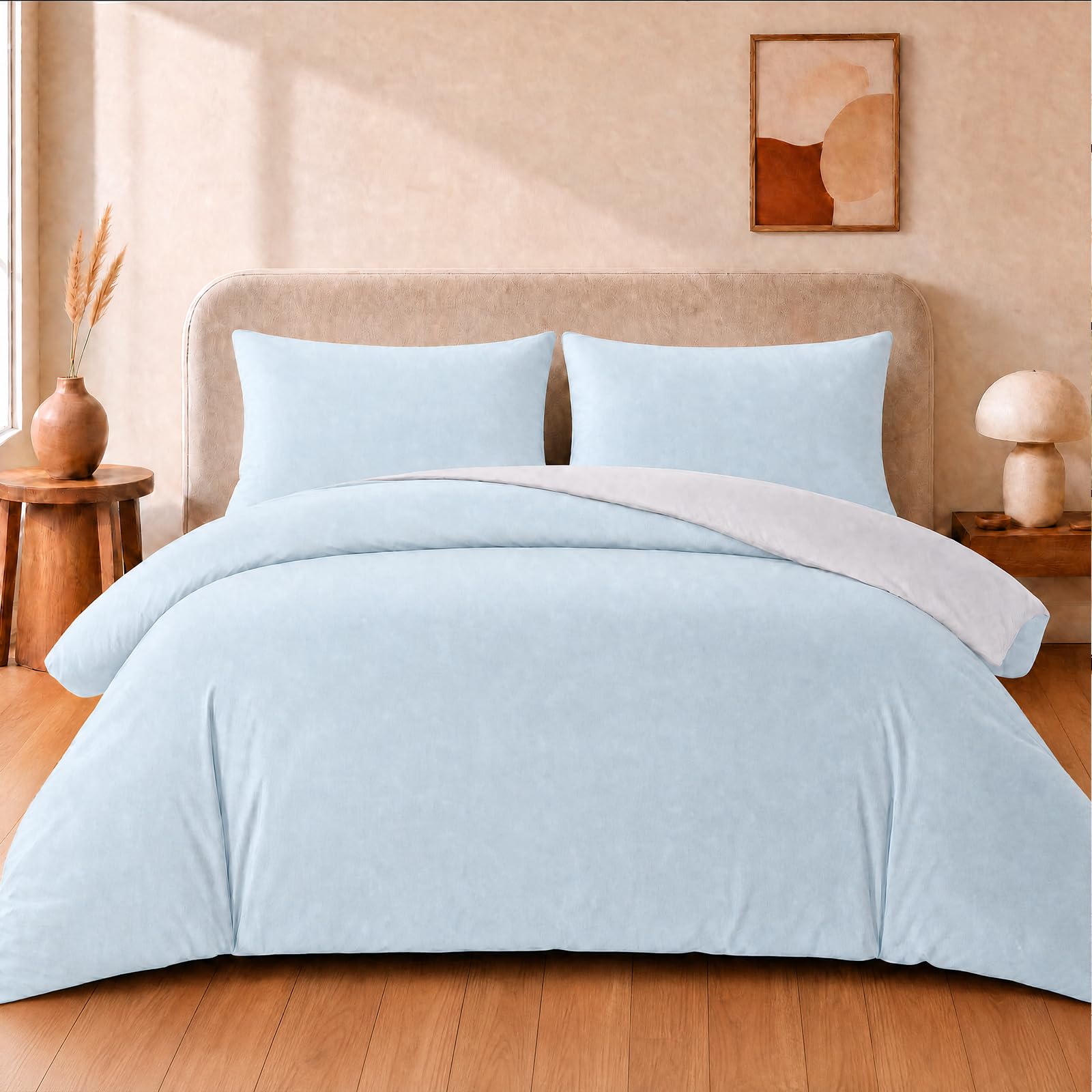 VelvetMis King Size Duvet Cover Set - 3Pcs Reversible Bedding Bed Set Light Blue And Grey Kingsize Microfiber Quilt Cover With 2 Pillowcases 50x75cm