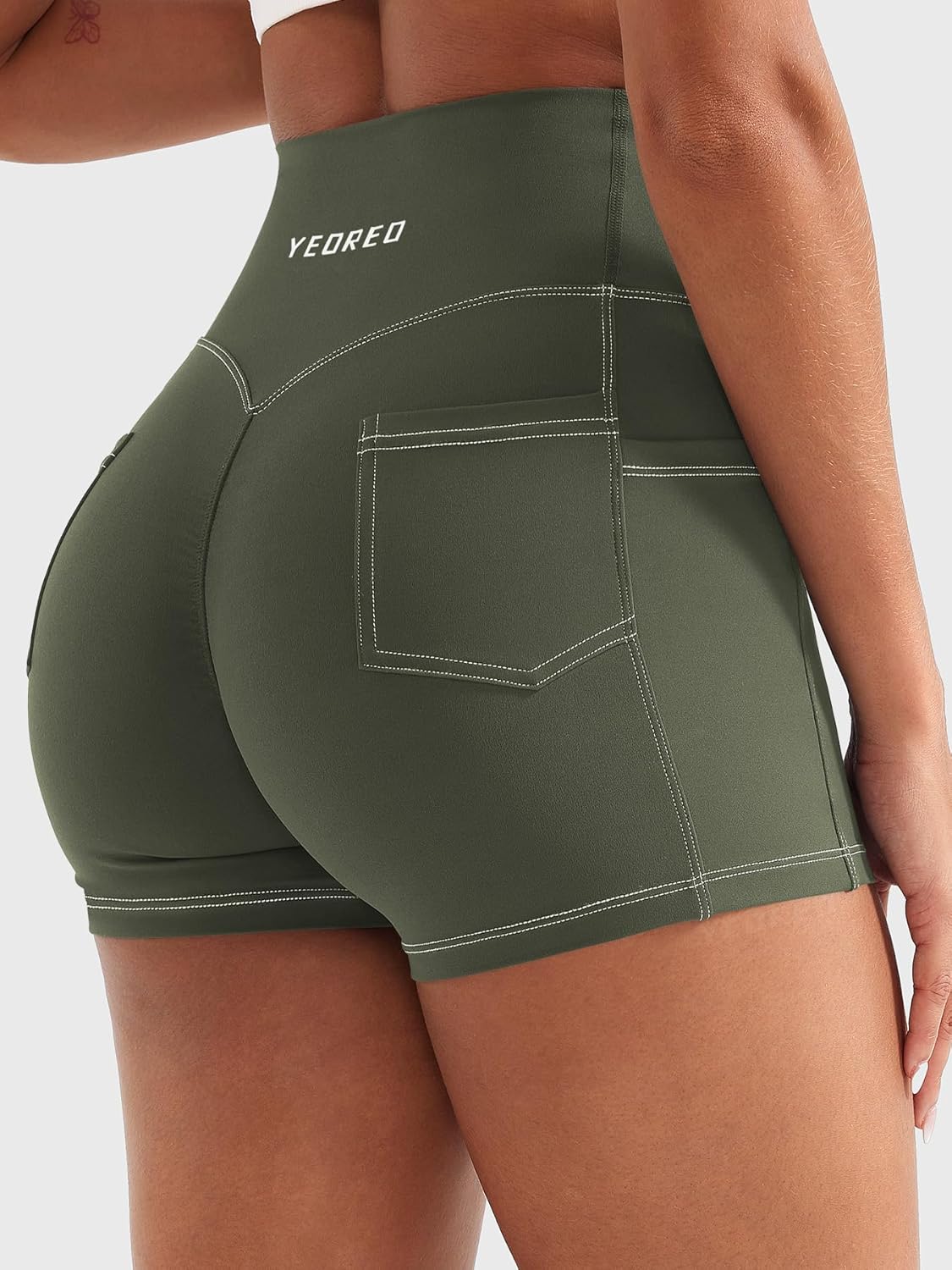 YEOREO CoreFlex Women Workout Shorts with Cargo Pockets Hidden Scrunch Butt Lifting Denim-Look Gym Shorts - Image 6