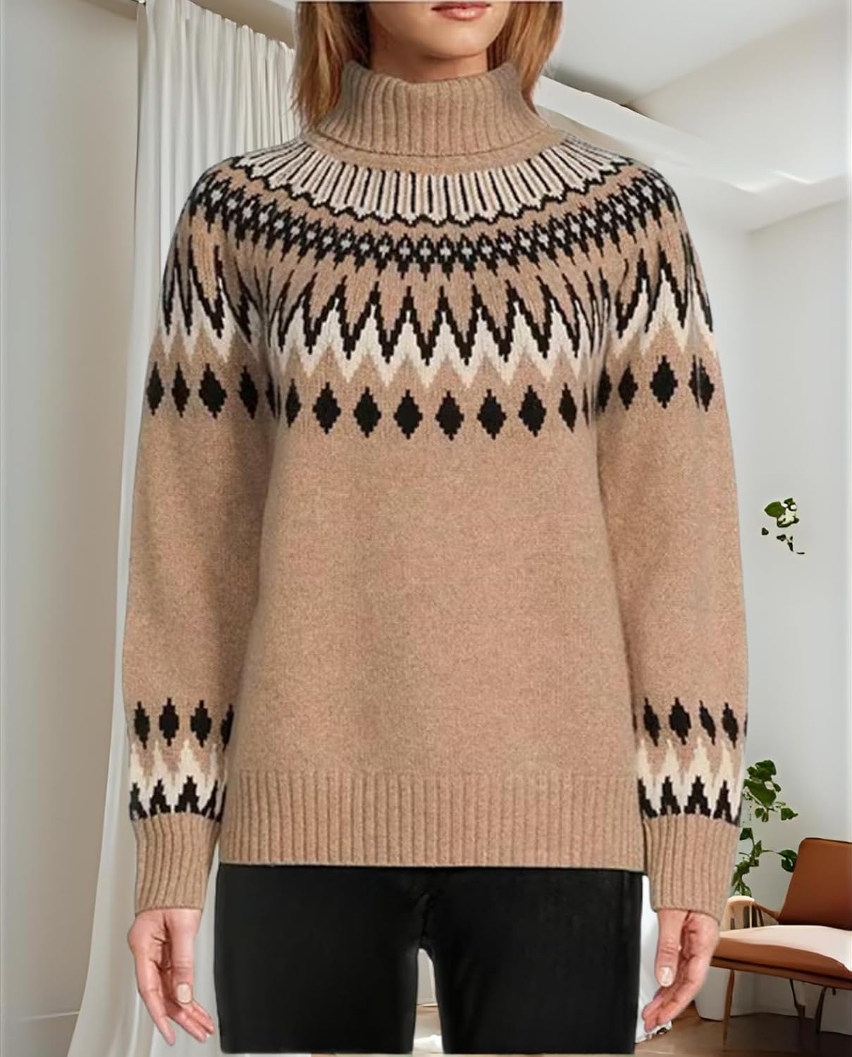 Women's Geometric Print Turtleneck Sweater Winter Warm Long Sleeve Casual Top for Vacation and Daily Wear - Image 5