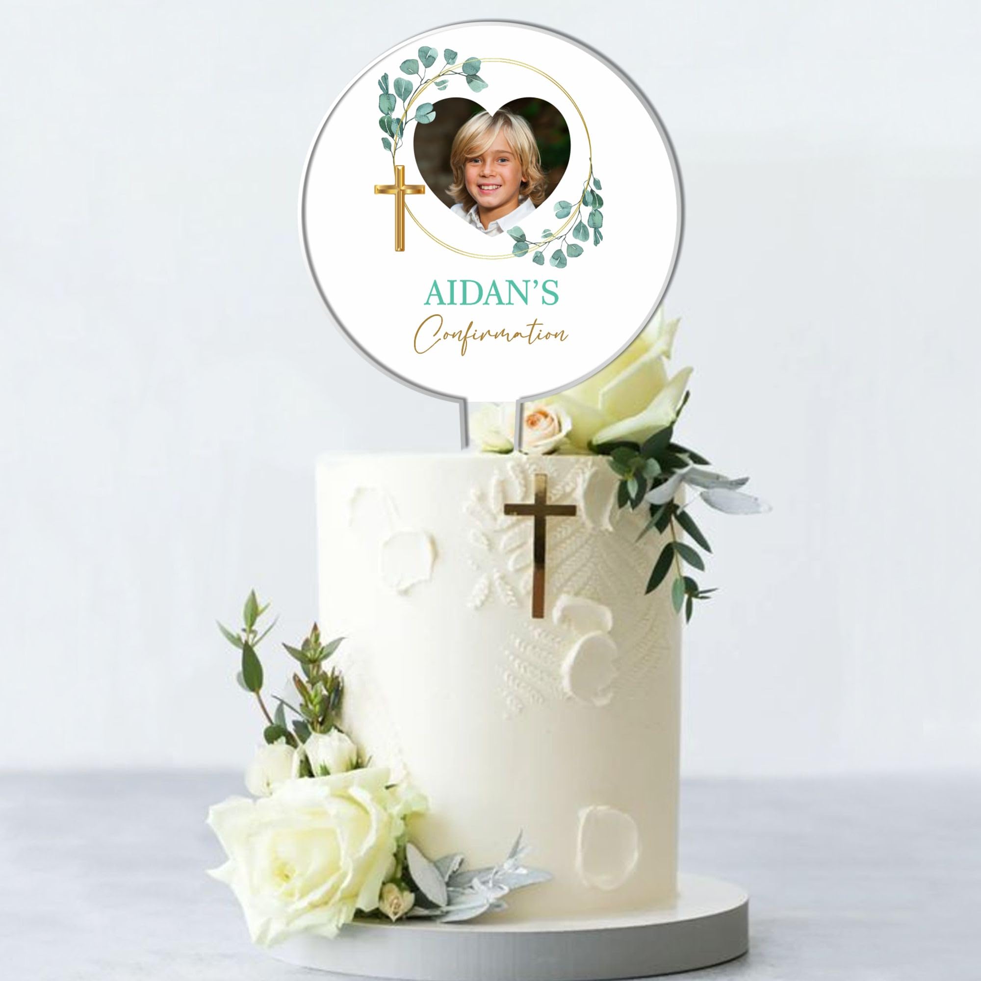 Personalised Photo Acrylic Cake Topper for Christenings, Holy Communions & Confirmations – Custom Child’s Name & Photo with Floral Wreath Designs (Confirmation Day, Green Wreath Pink Butterfly)