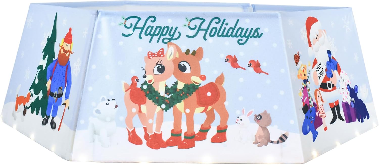 Rudolph Colorful Design Christmas Tree Collar Skirt HOLDAY Lighted DÉCOR Hexagonal Design 11 INCHES Tall and 26 INCHES Wide at Base