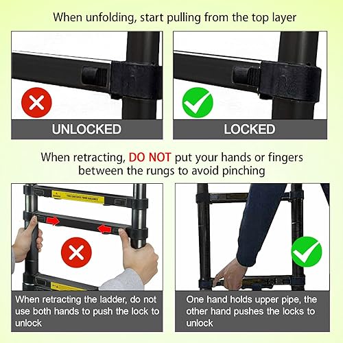 Miniatura 67 de Escalera telescópica de aluminio de 12.5 pies, escalera extensible con 2 ganchos desmontables, diseño de bloqueo de seguridad portátil y ligero