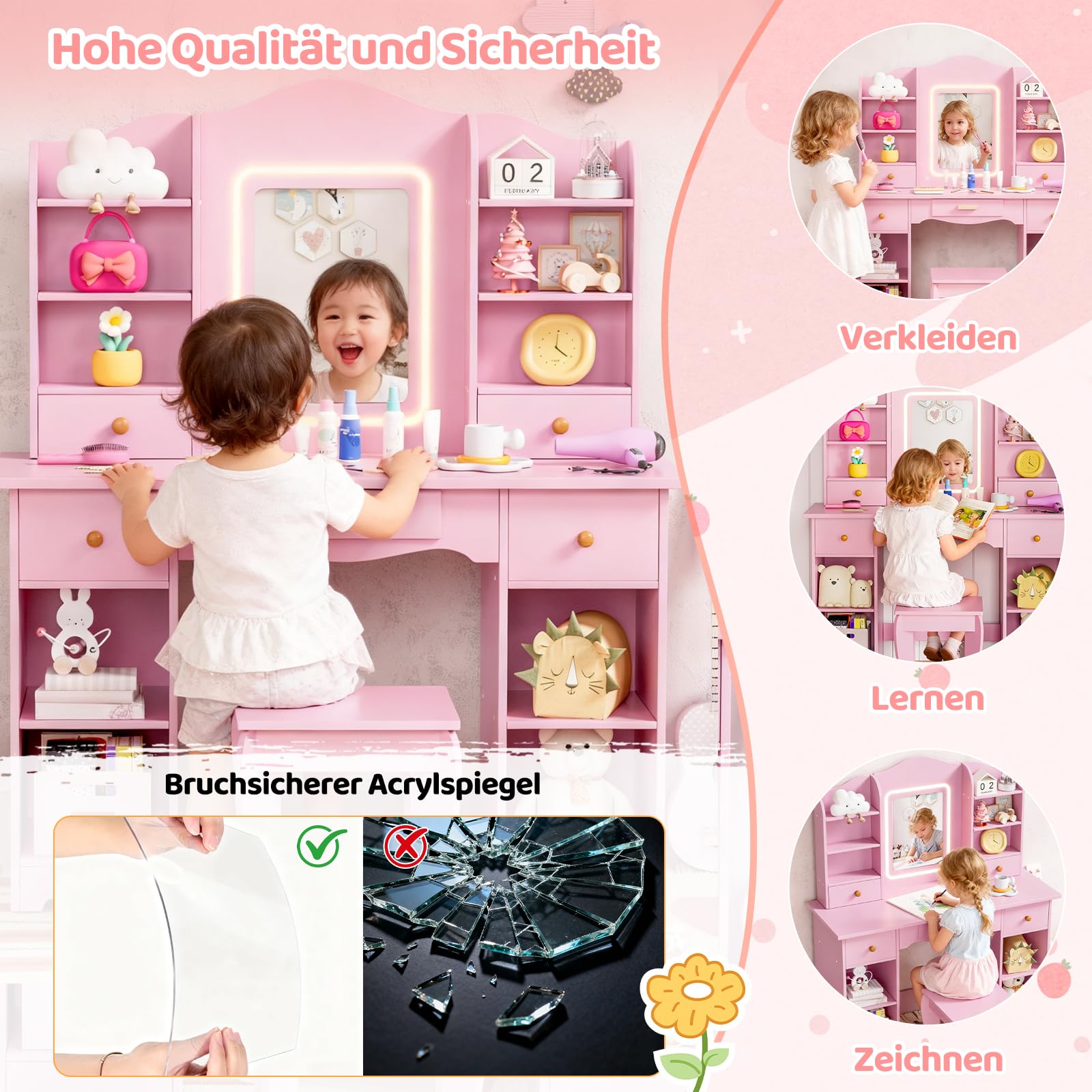 MAMIZO Schminktisch Kinder mit LED Beleuchtung, Kinderschminktisch mit Spiegel, Schreibtisch mit Hocker, 5 Schubladen und 10 Fächer, Prinzessin Frisiertisch, Schminktisch Mädchen ab 3, Rosa