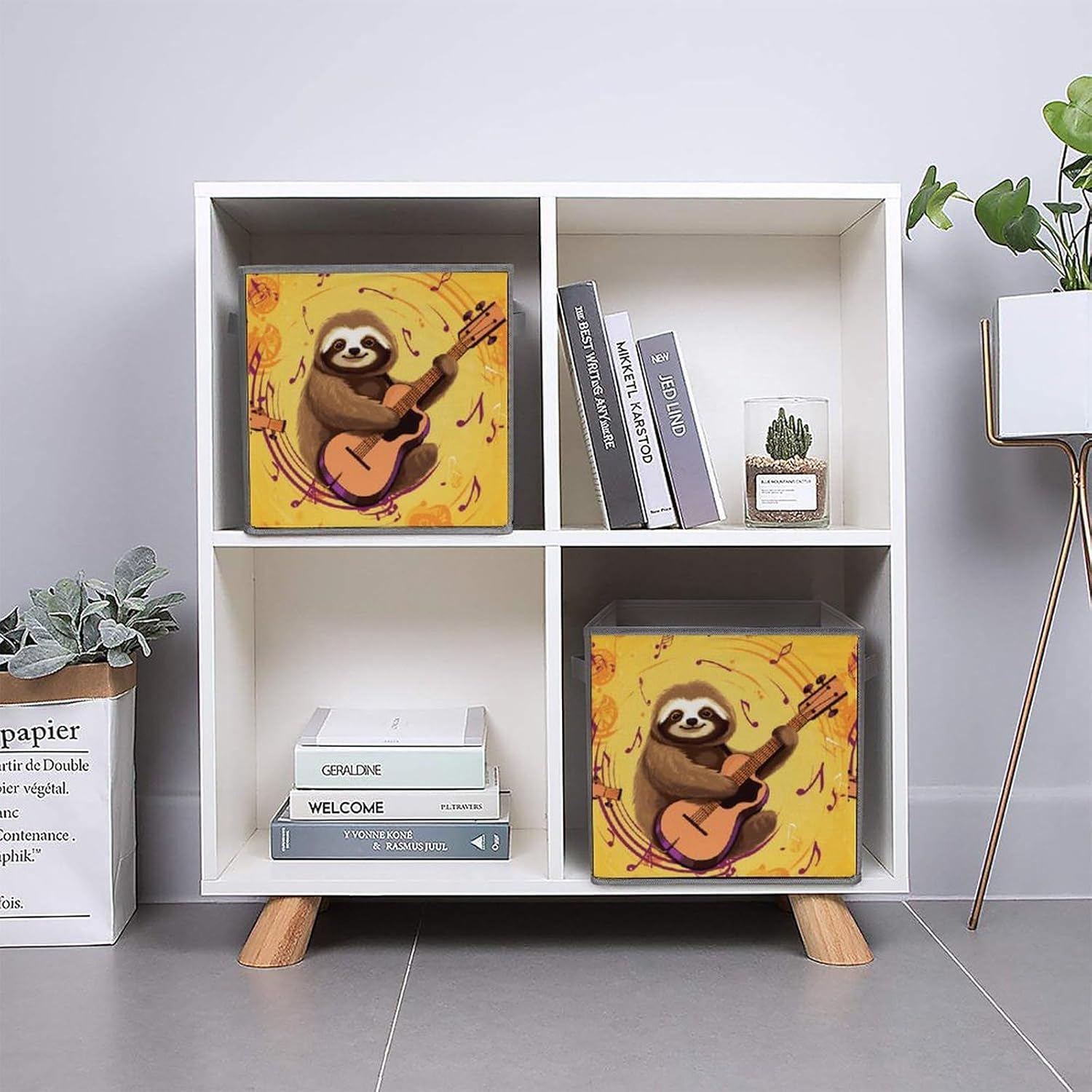 Music And Sloth on Yellow Background Storage Cubes Set of 6 Storage Bins with Handles Collapsible Storage Basket Fabric Storage Box for Shelves Large Closet Shelf Organizer for Organization 11 Inch