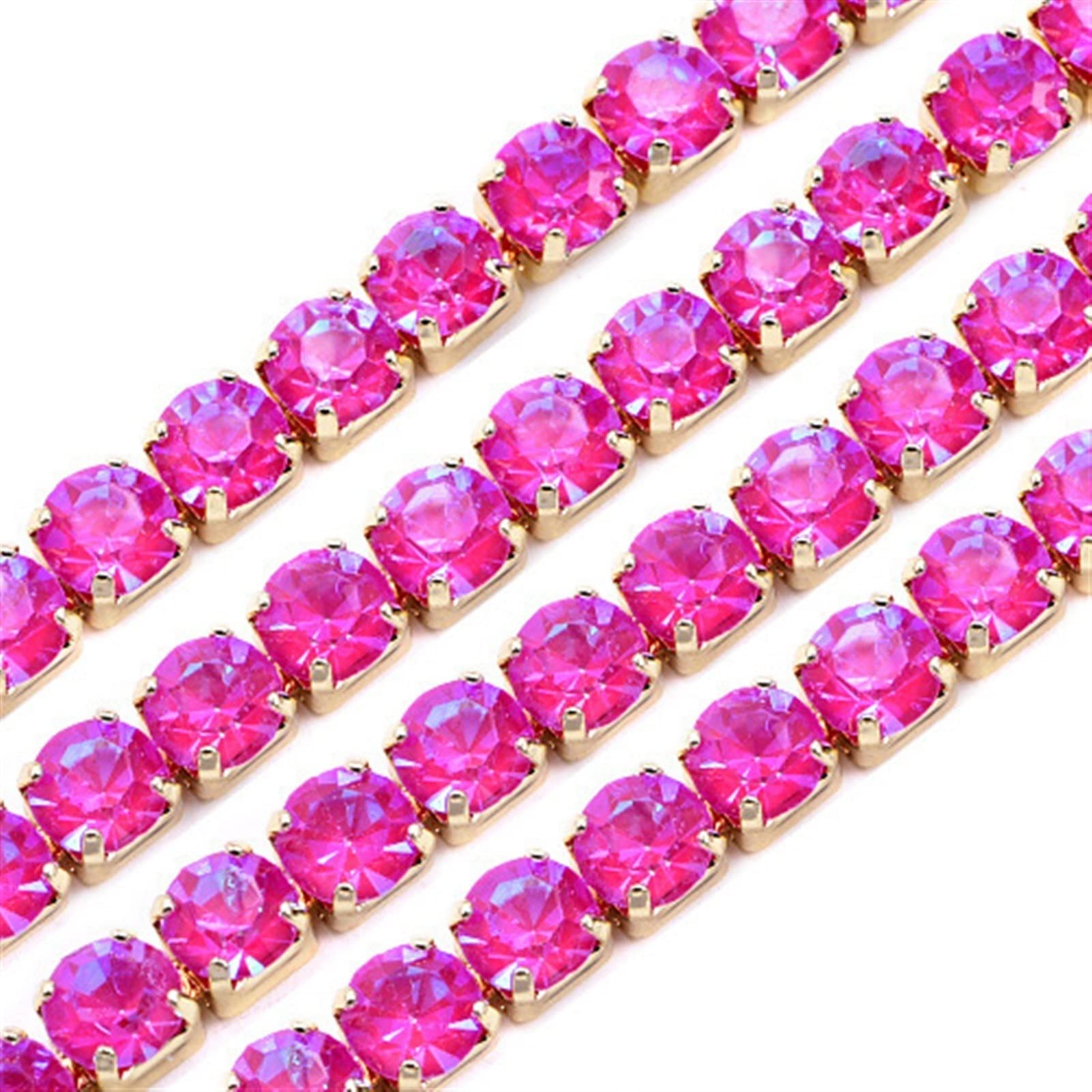ACiyD Strassband 1 Yard Neon Glas Strass Kette Bunte Kristall Goldene Basis Strass Cup Trimmen Strass Kette zum Basteln (Color : Peridot, Size : SS6.5 1Yard) (Fuchsia SS16 1Yard)