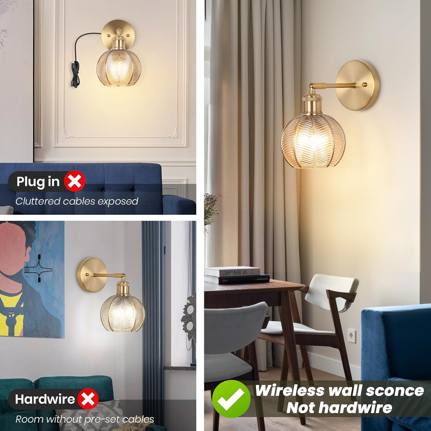 Battery Operated Wall Sconce, Vintage Wall Sconce with Amber Tulip Glass Lampshade Rechargeable, Battery Wall Light with Remote,Wireless Wall Sconces, for Bedroom,Living Room, Hallway