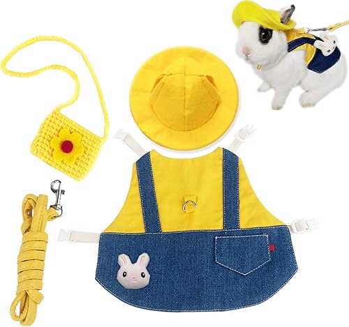 Ropa de conejillo de indias, ropa suave de hurón con arnés de conejo para mascotas y correa, mini bolsa para sombrero, lindo broche para collares de
