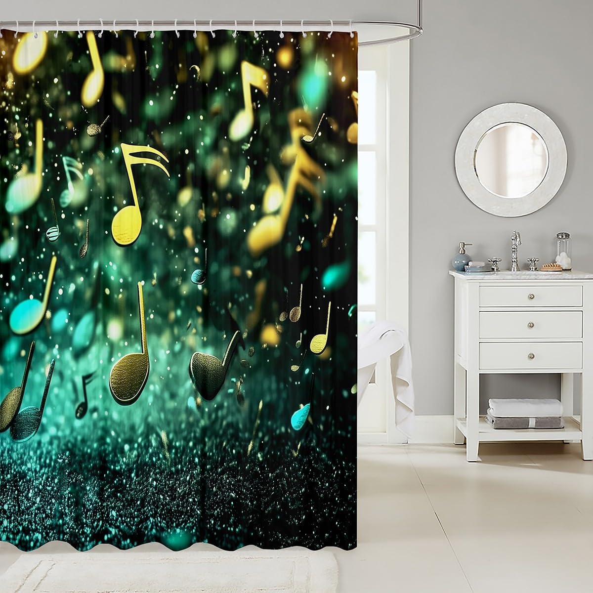 Erosebridal Yellow Musical Notes Bathroom Curtain 72" Wx78 L Music Theme Hip Hop Bath Curtains for Kids Boys Girls Teen,Teal Glitter Luxury Musical Shower Curtain Modern Fashion Bathroom Accessories image 2