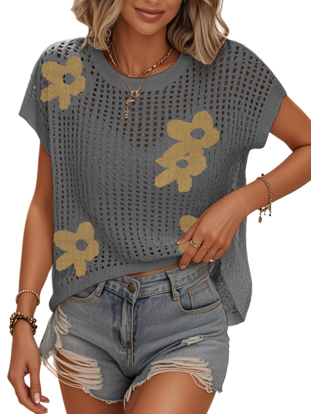 Bellcoco Womens Summer Crochet Tops Hollow Out Cap Sleeve Cover Up Tank Top Pullover Sweater Vest Beach Vacation Clothes