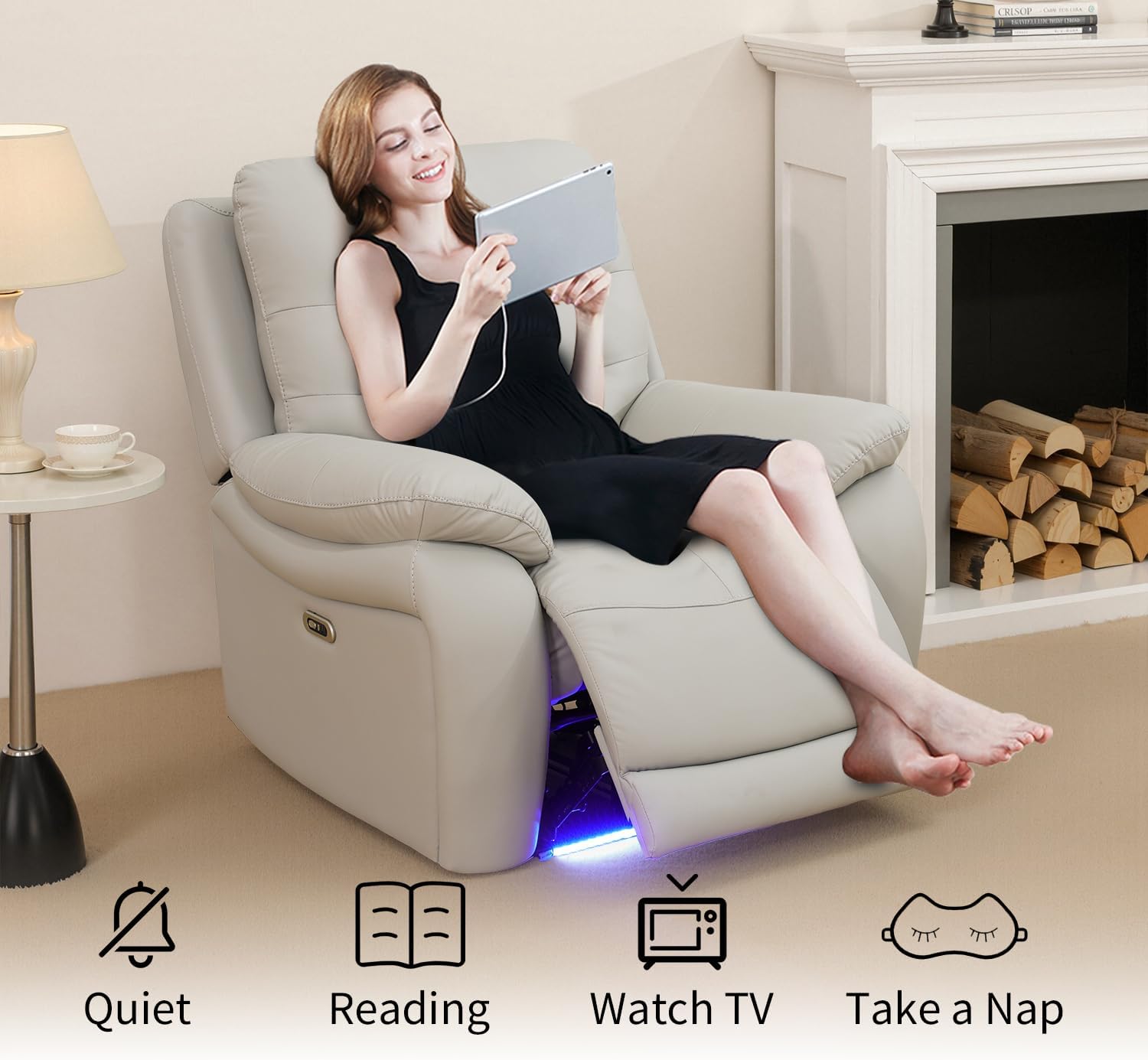 Leather Home Theater Seating, Movie Theater Chairs Recliner Sofa with USB Charger Port, Power Recliner Sofa Chair for Living Room/Home Theater/Rv(Gray)