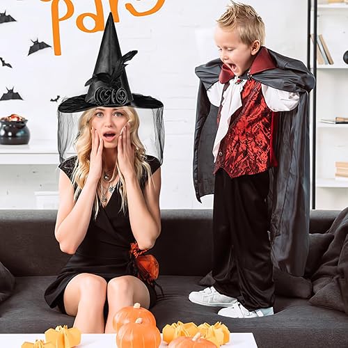 Miniatura 6 de Welkin Sombrero de bruja negro de Halloween para mujer con malla de encaje suave rosa y plumas, gorra puntiaguda plegable negra para disfraz de