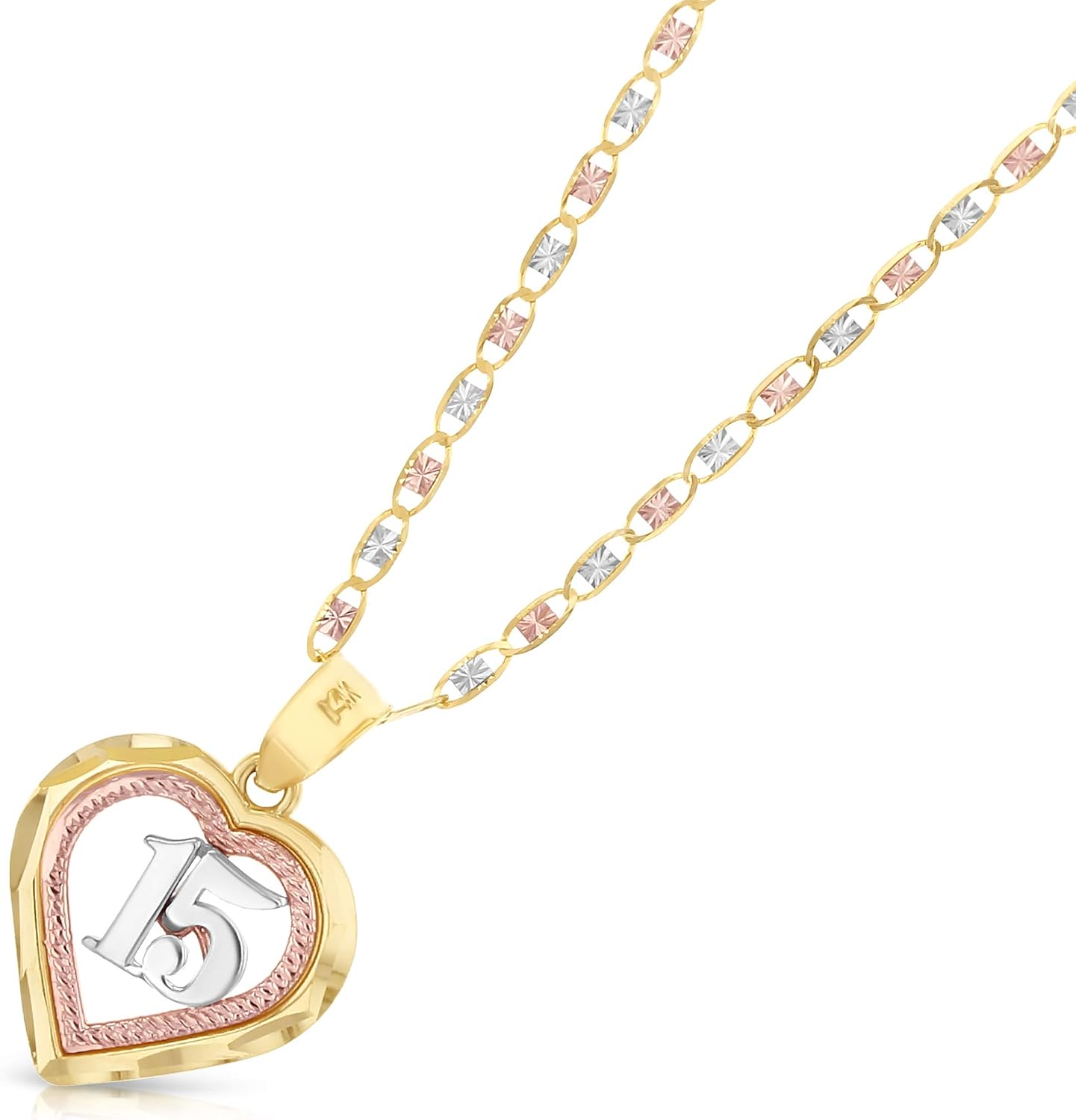 Ioka 14K Tri Color Gold Sweet 15 Years Quinceanera Heart Charm Pendant with 1.5mm Valentino Chain Necklace - Image 2