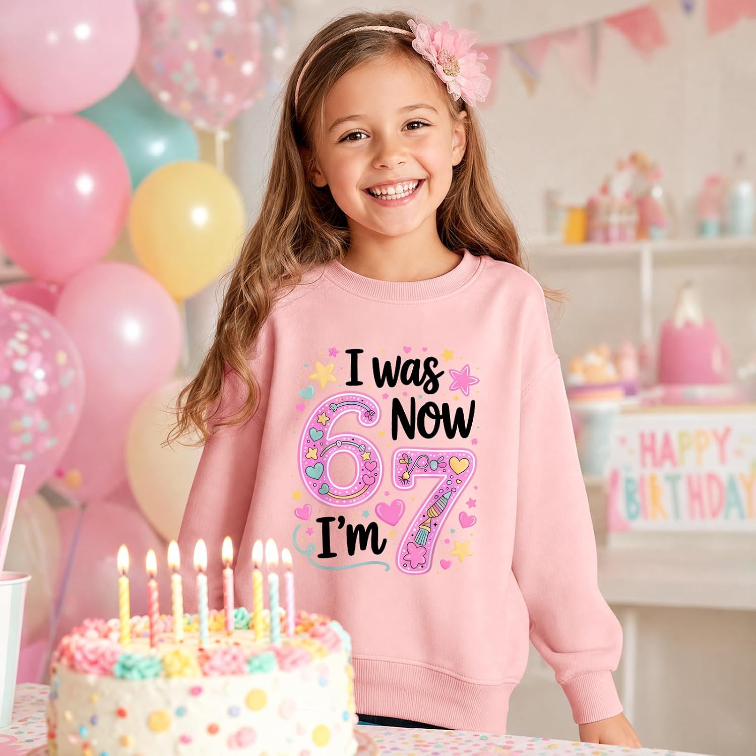 I Was 6 Now Im 7 Sweatshirt for Girls 6 7 Decorations Pullover for Kids 7th Year Old Birthday Gifts Cute Graphic Top