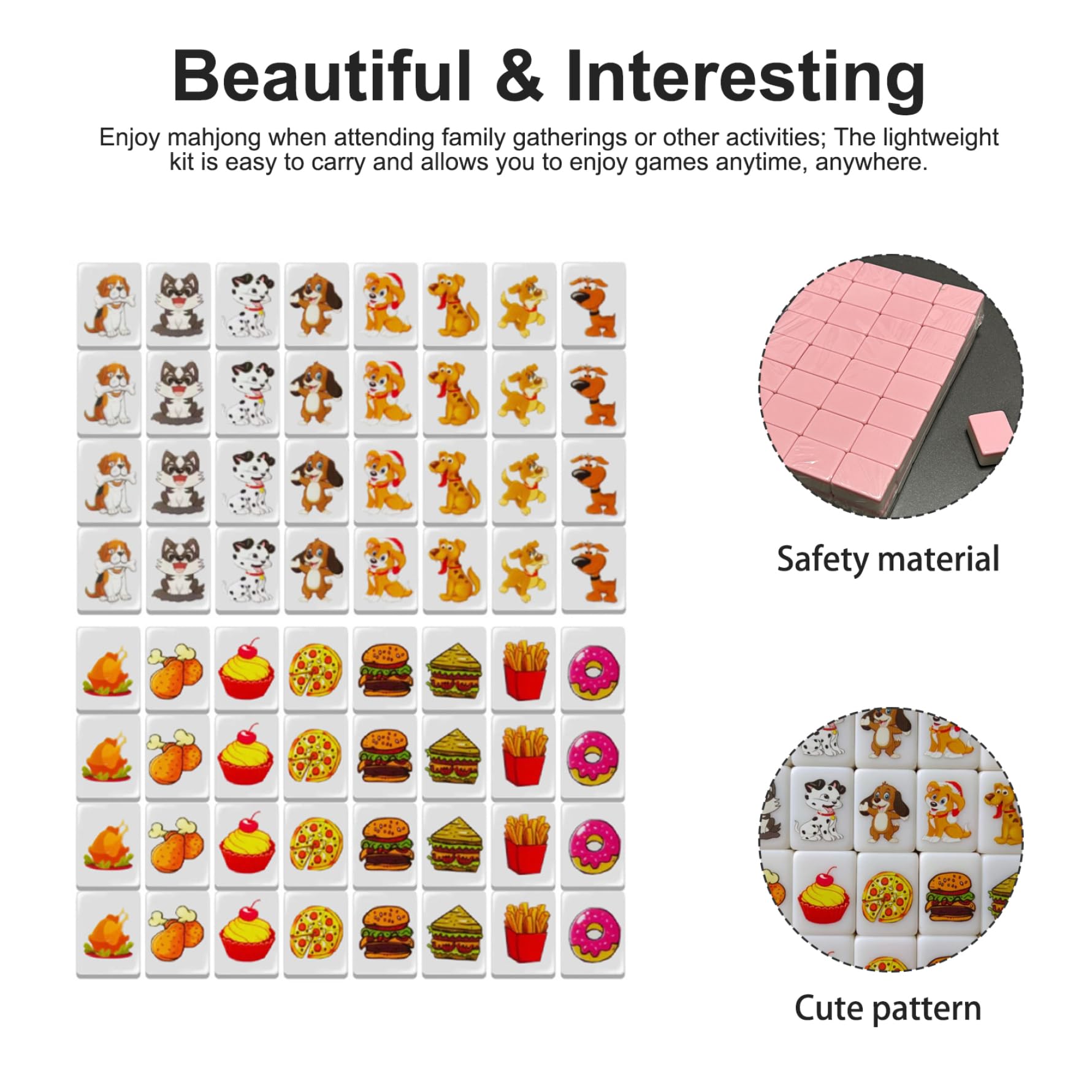 Push Tile Game 64 PCs Set, 1, 2 x 0, 9 x 0, 6 Zoll Entzückender Hund und mit Futter gemustertem Mahjong Tile Set Plastik -Push -Spiel für Kinder Erwachsene.
