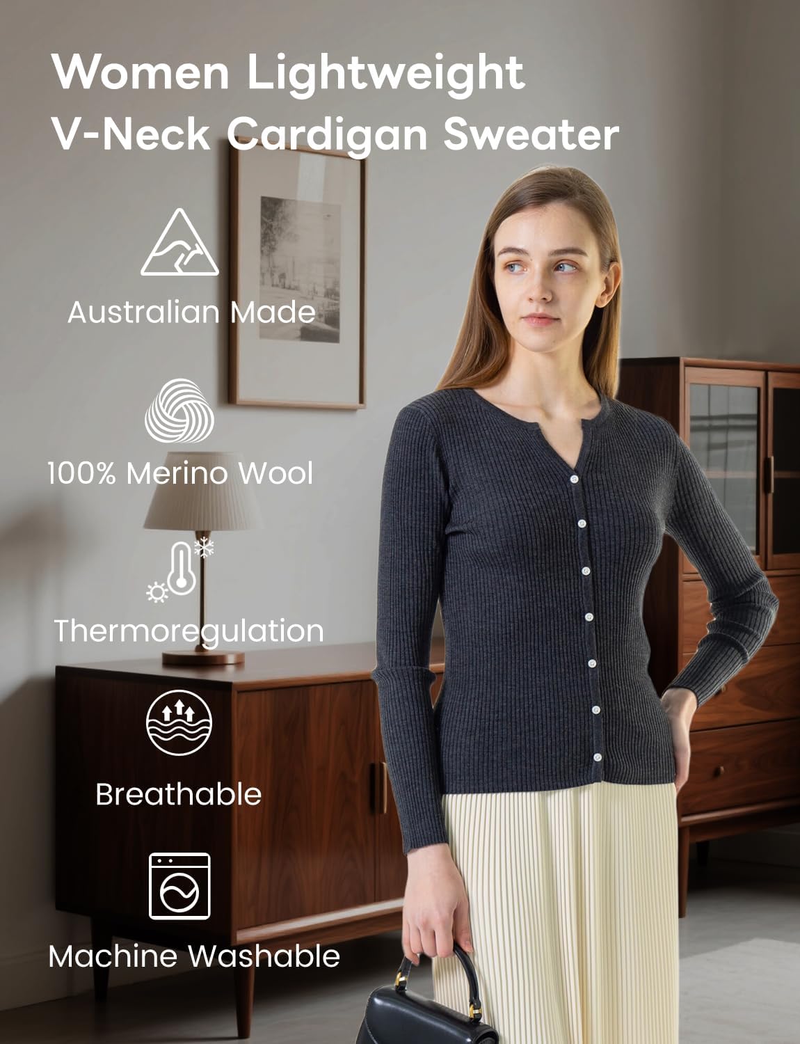 Women's 100% Merino Wool Sweater Women Cardigan, Lightweight Button Down V Neck Long Sleeve All Season Travel - Image 3