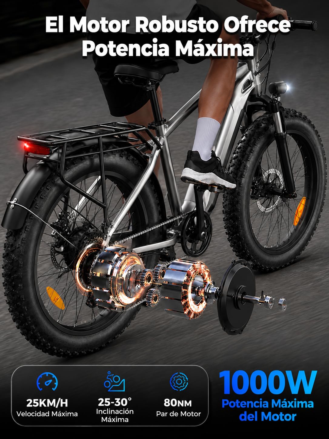 Bodywel D6 Bicicleta Eléctrica, 26x4.0 Fat Bike Bici Electrica Adultos Montaña, Batería de 48V 15Ah, Motor 250W, 7 Velocidades, Horquilla de Suspensión, Frenos de Disco Hidráulicos