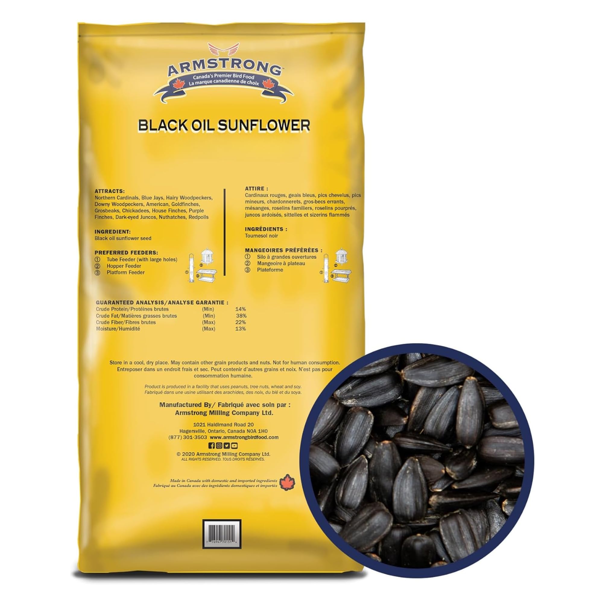 Armstrong - Alimento para pájaros silvestres, aceite negro, semillas de girasol, 25 libras, para cardenales del norte, arrendajos azules y pájaros carpinteros peludos, ideal para comederos exteriores