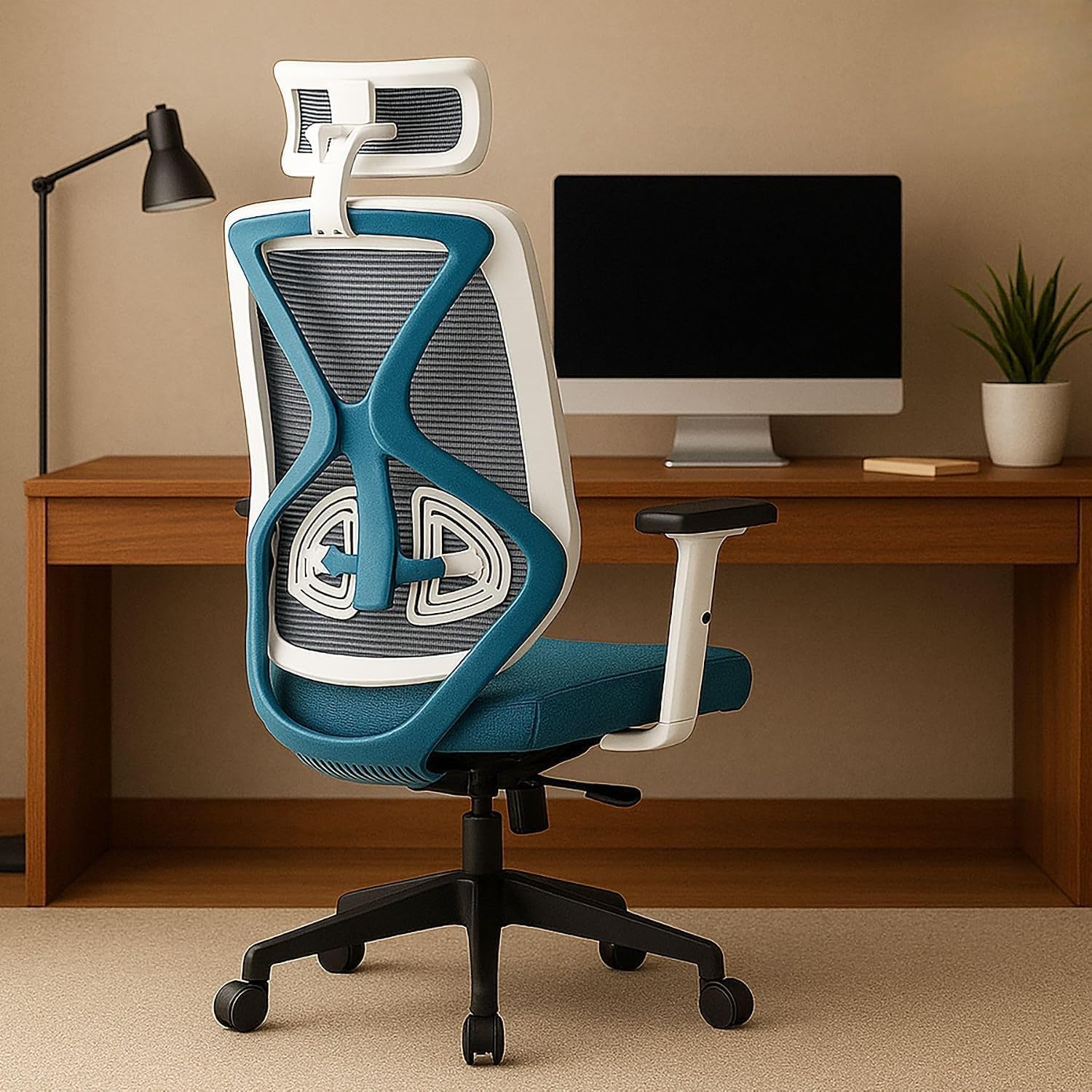 Oakcraft Hurricane Ergonomic High Back Chair with Synchro Tilt for Office & Home Use and Sweat Free Mesh Office Chair with Adjustable Armrest (1, White-Blue)-image-9