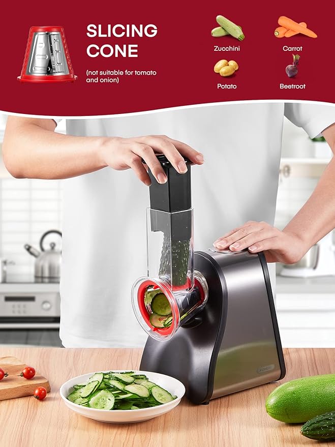 Rallador Eléctrico FOHERE para Verduras y Queso, 4 en 1, Rojo miniatura 7