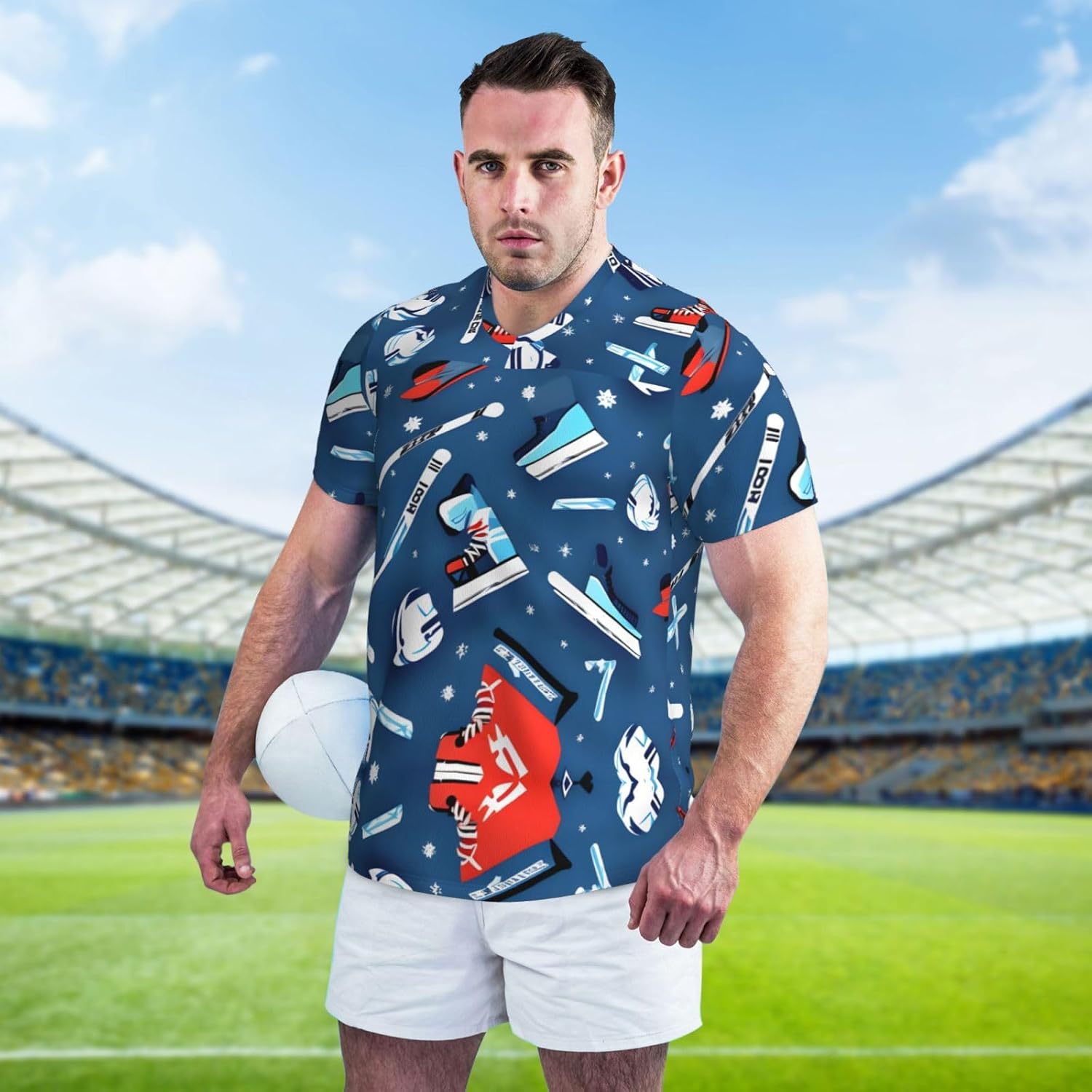 Ice Hockey Print Rugby Football Jersey for Men, Comfortable V-Neck Loose Fit Top for Team Sports Athletics