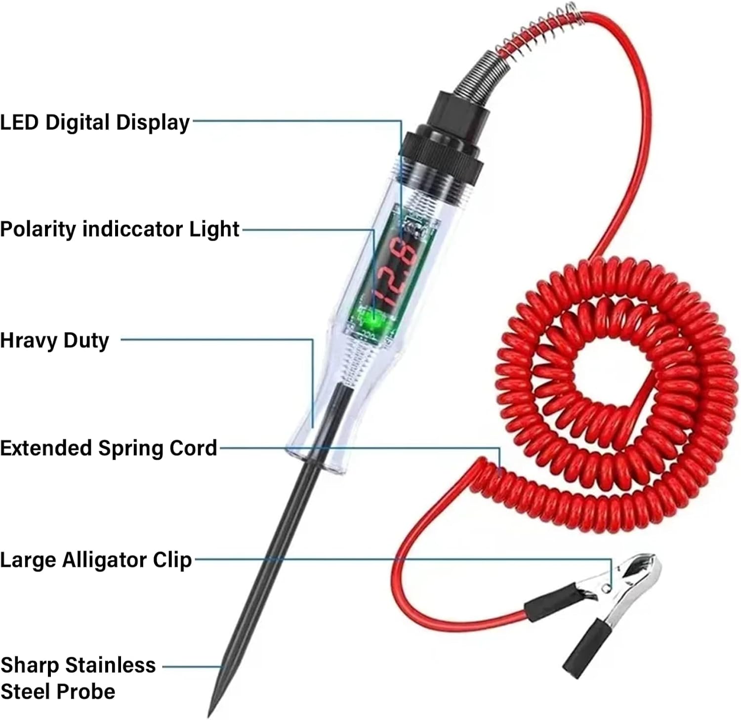 Test Light for Automotive Digital Display 5-90V Car Battery Tester with Probe, 24-71" Spring Wire & Clip Handheld Professional Portable Circuit Tester Electrical Circuit Test Light image 5