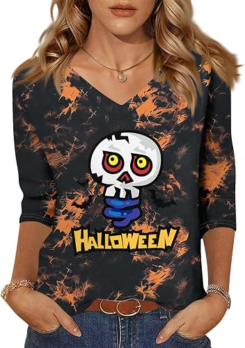 Halloween Tie Dye Tshirts for Women Skull Graphic 3/4 Sleeve