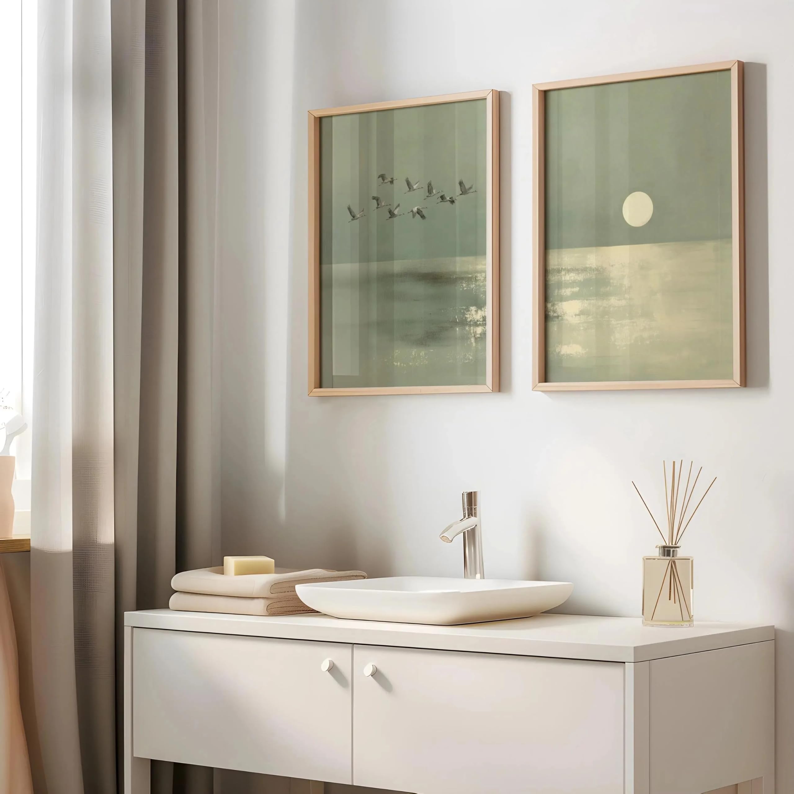 Canvas Prints Wall Art Minimalist Sage Green Sunset And Crane Pattern Asian Zen Style Poster Home(50x70cm-2pcs)