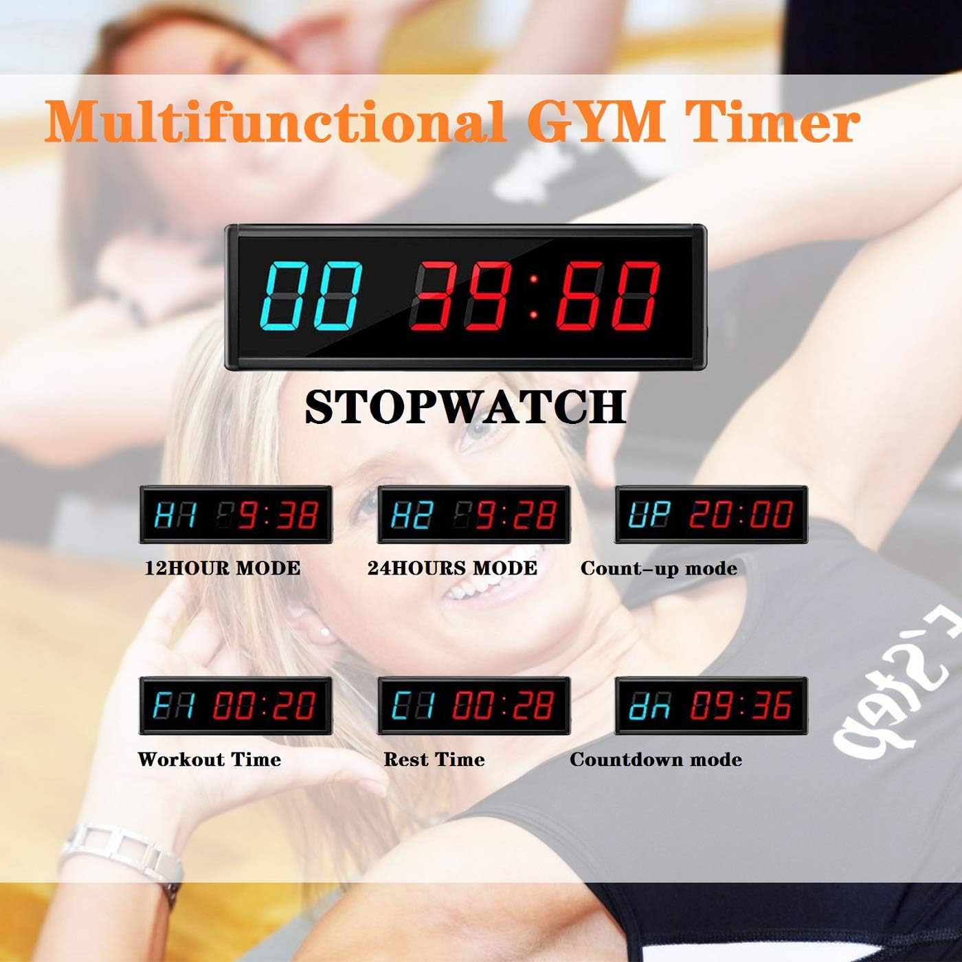 Gym Timer Clock Garage Workouts Fitness Digital with Remote Wall Mount Red and Blue 2.3 Inch