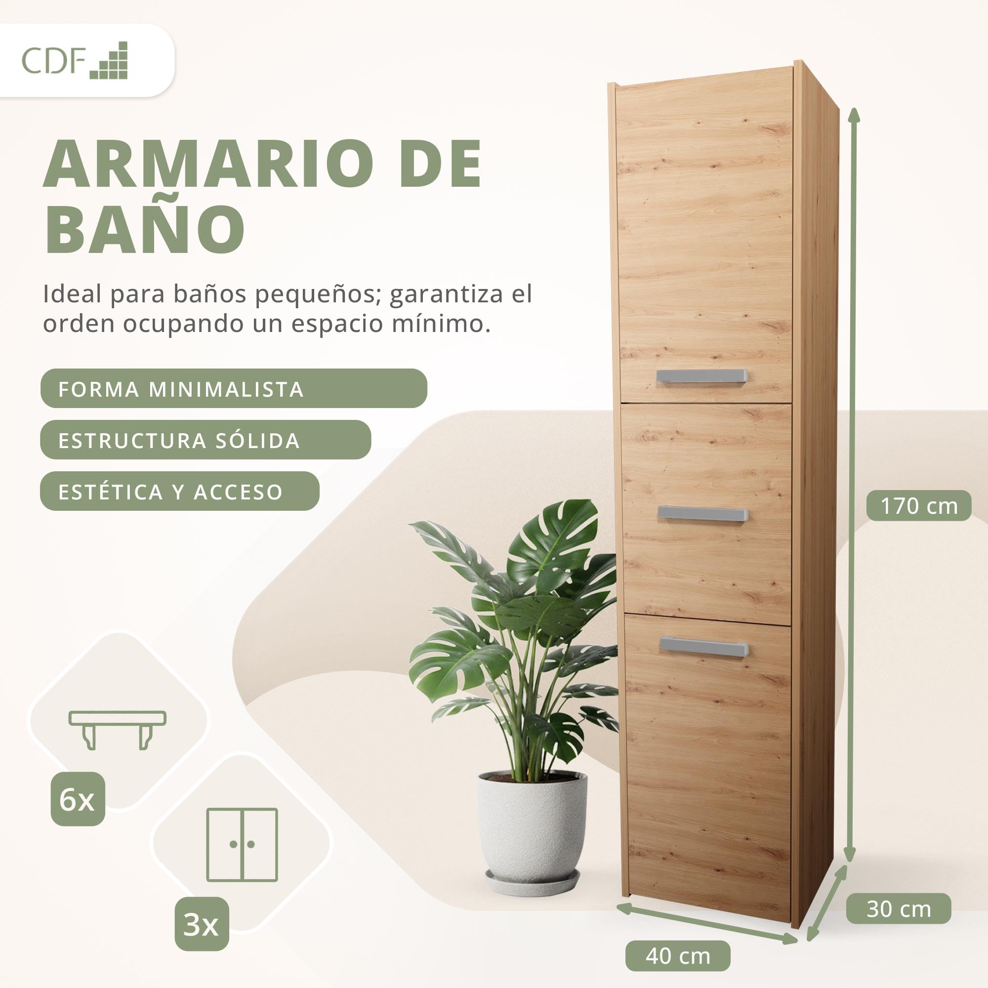 CDF Armario de Baño Alto Columna Mueble Baño Estrecho - Ancho: 40 cm Roble Artisan 30x40x170 cm Ahorro de Espacio, para Guardar Cosméticos y Productos de Limpieza, para Espacios Pequeños