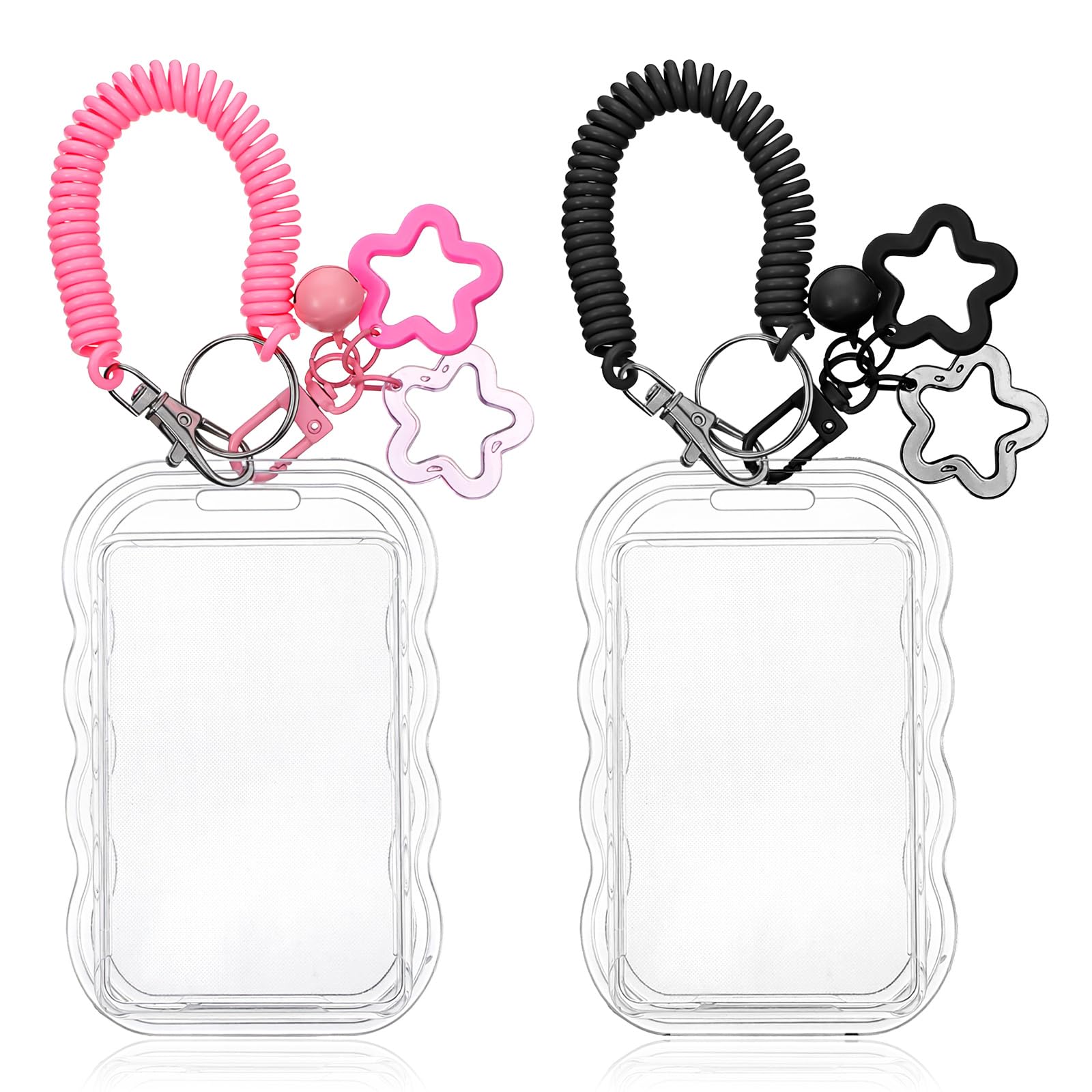 2PCS Cute Photo Card Holder Keychain, Star Wave Photocard Keychain with Spring Cord, Transparent PC Photo Card Holder for Bus Passports, Student Cards, Photos, Idol Cards