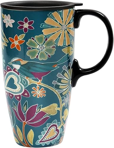 Topadorn Taza de cerámica para café, taza de té de porcelana con tapa, 17 oz, sinfonía floral, pájaro verde