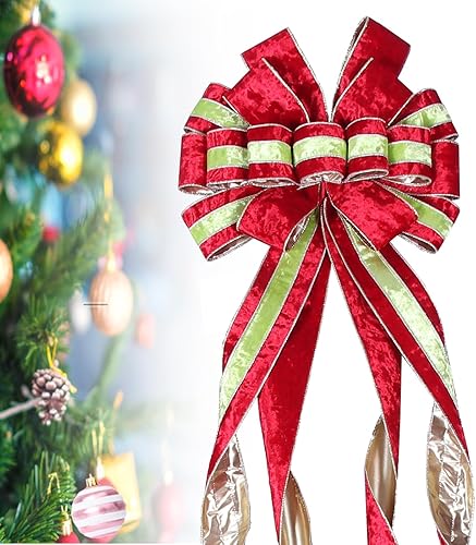 Miniatura 18 de Decoración para árbol de Navidad, lazo grande rojo para árbol de Navidad, arpillera con borde de poliéster blanco, lazos de regalo para adorno