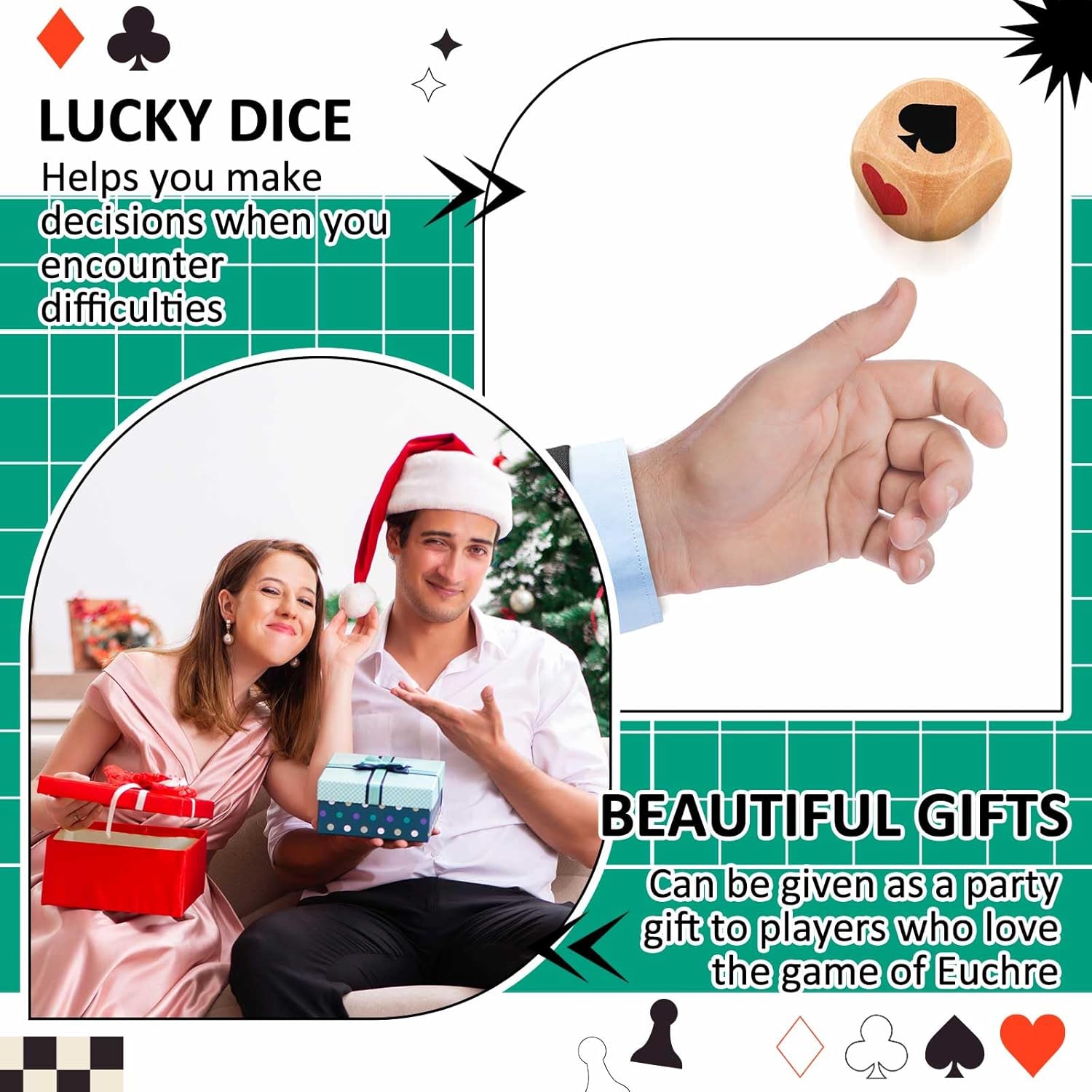 Seenelling 2 Pcs Wooden Marker Dice with Storage Box Big Size 1.57''(4cm) Ace Indicator Wooden Suit Dice Cube Clear Prints Euchre Cube Great Gift for Euchre Poker Cards Game(Brown)