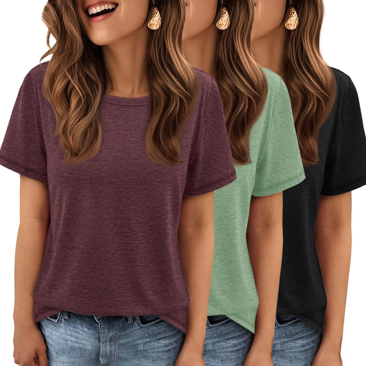 Womens 3 Pack T-Shirts Short Sleeve Summer Tops Fashion...
