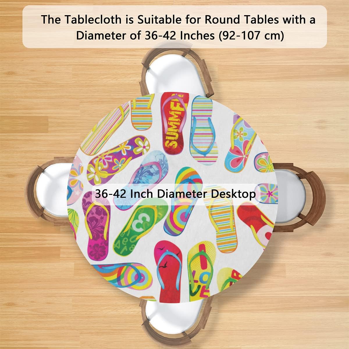 Summer Round Fitted Tablecloth with Elastic Edged, Cartoon Beach Colorful Flip Flop Round Table Cover Wipeable Waterproof Table Cloth for Kitchen Dining Wedding Party Picnic Fits 40-44 in Tables