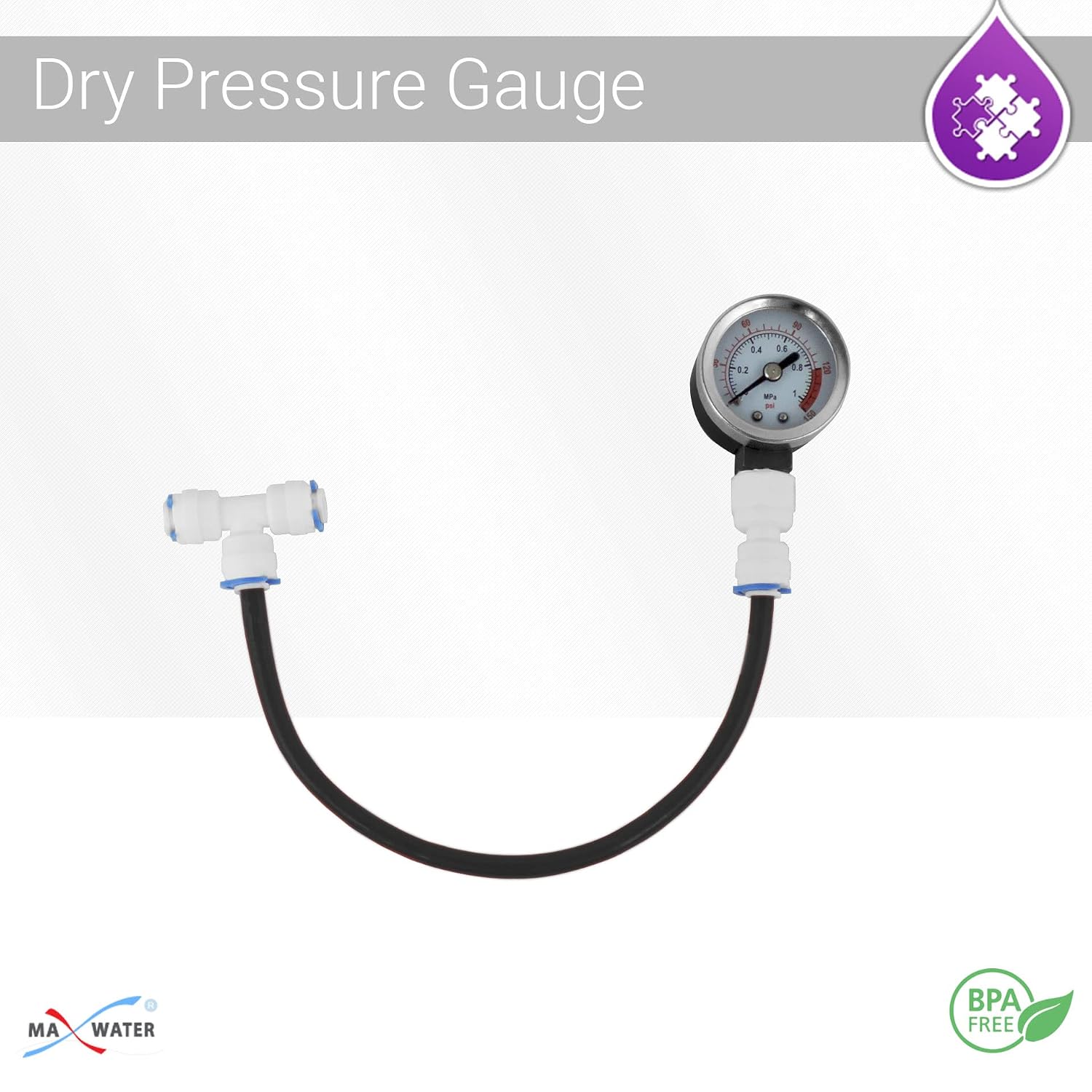 1.5" Dry Water Pressure Gauge with T Connector Quick and 1/4" Tube Fitting, Pressure Test Gauge for Reverse Osmosis System, Dual Scale 0-1MPa and 0-150PSI (Tubing Color May Vary As per Availability)