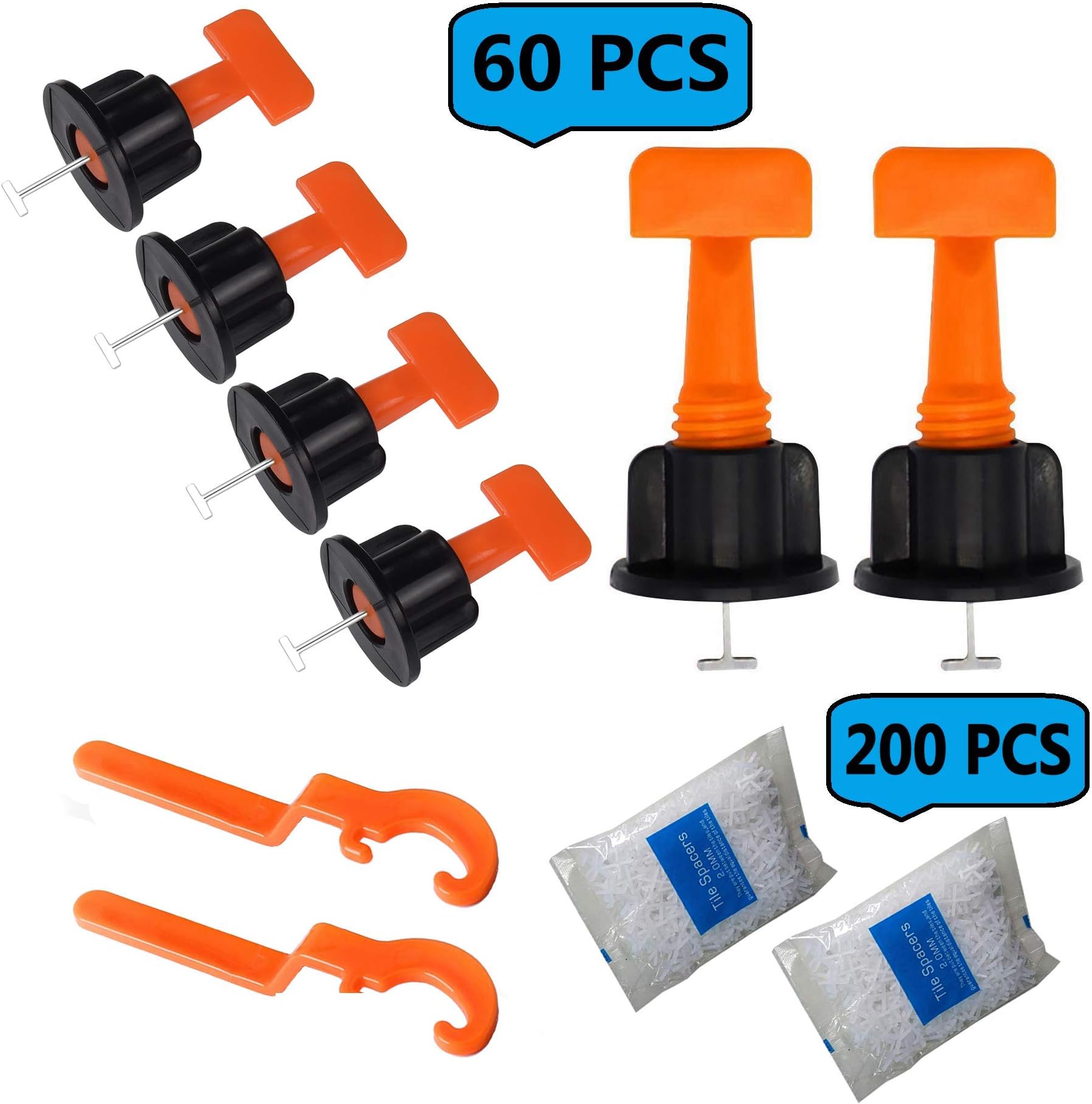 Tile Leveling System 60 pcs Tiles Leveler Spacers With 2 Special Wrenches and 200 PCS 2MM Tile Spacer,Reusable Spacer Flooring Level Tile levellers Set System Construction (60PCS)