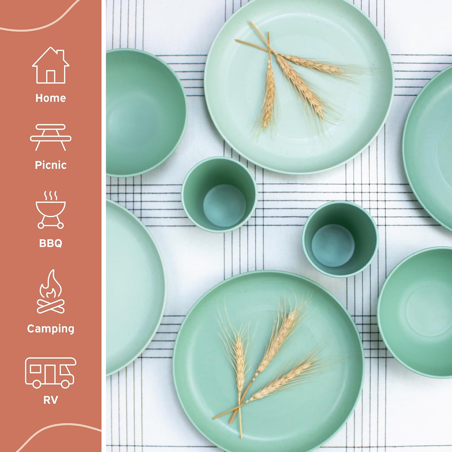 Wheat Straw Dinnerware Sets for 6, Microwave and Dishwasher Safe, Reusable and Durable, Unbreakable Cups, Plates and Bowls Sets, Lightweight Dishes for Kitchen, RV, Camping, Kids, 18-piece Sage - Image 6