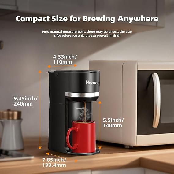 Horavie Small Single Serve Coffee Maker for K Cup and Grounds, Fast Brew One Cup Coffee Machine with One Button, 6 to 12 oz. Brew Sizes, Perfect for Home and Travel, Black